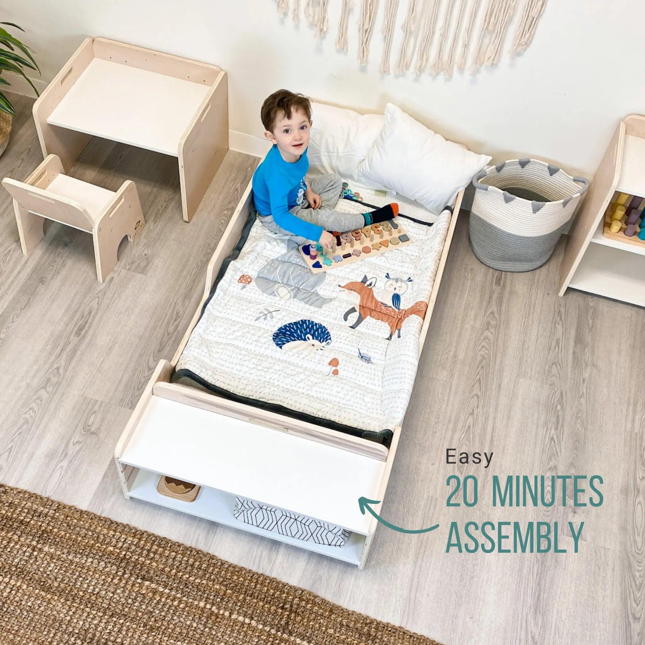 APPLE JUNIOR - Montessori Floor Bed with Rails & Shelves.