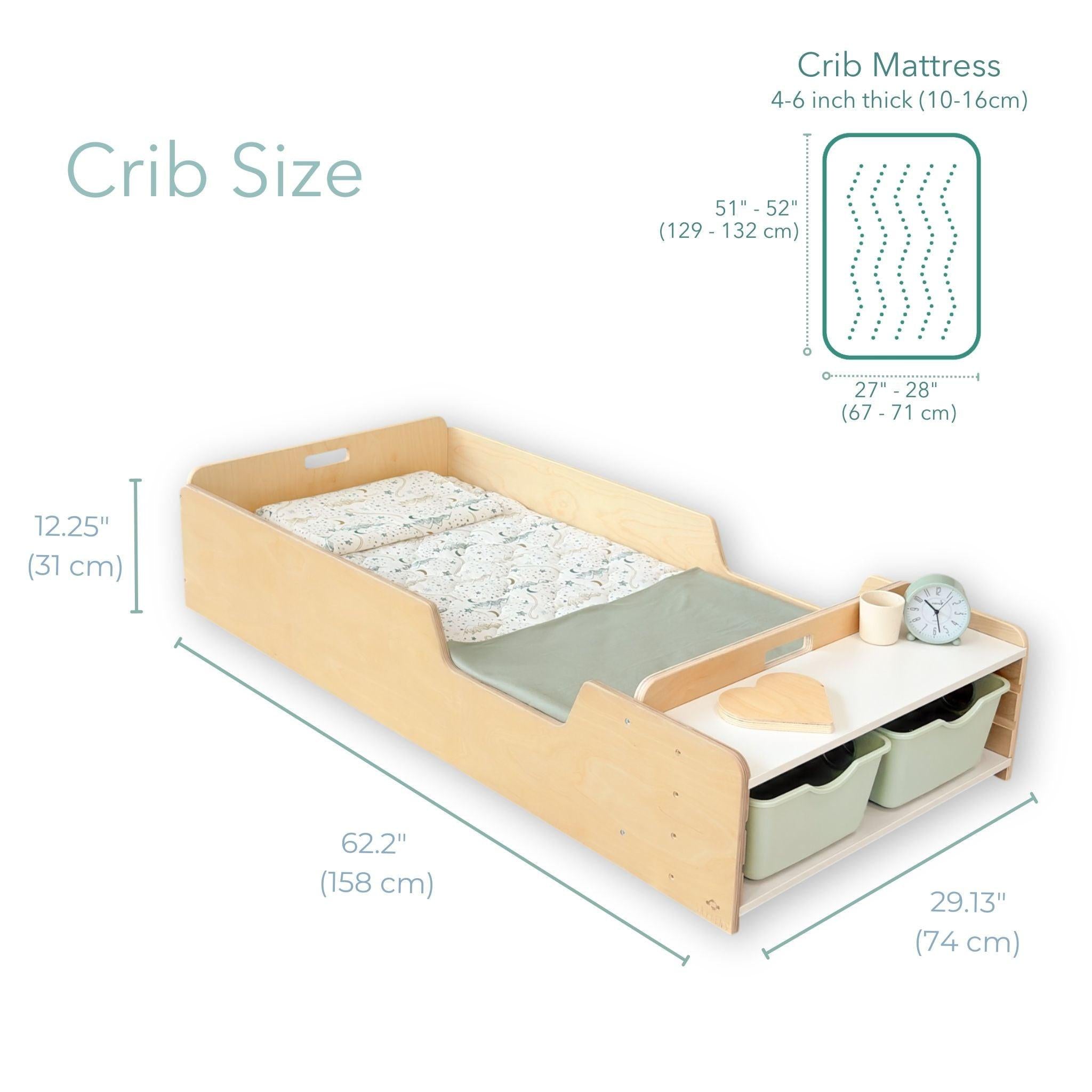 APPLE CRIB - Montessori Floor Bed with Rails & Shelves.