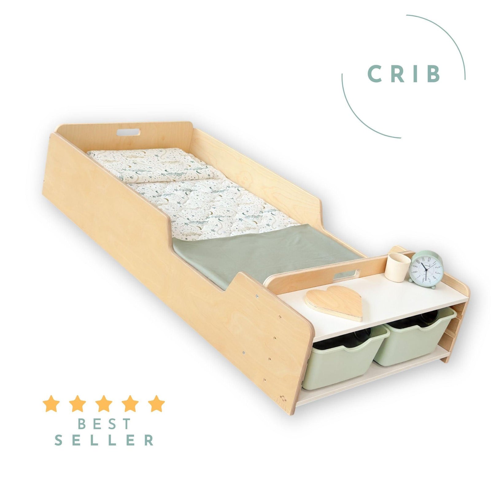 APPLE CRIB - Montessori Floor Bed with Rails & Shelves.