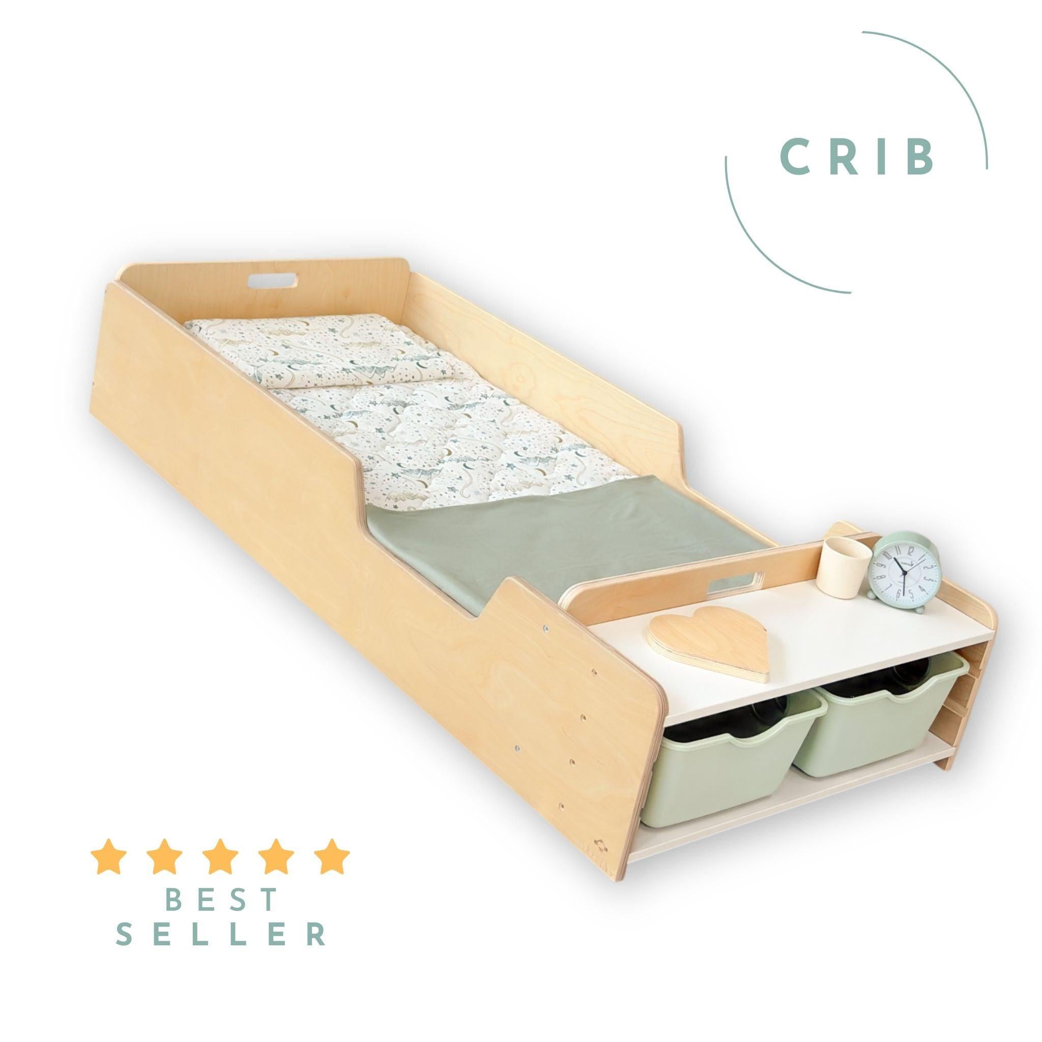 APPLE CRIB - Montessori Floor Bed with Rails & Shelves.