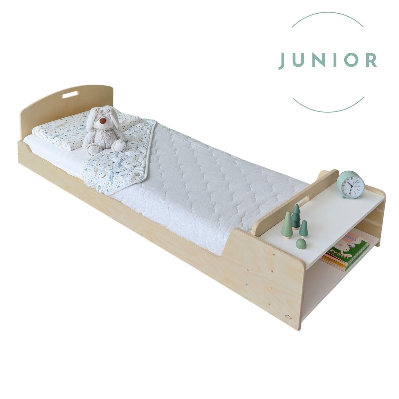 CHERRY JUNIOR - Montessori Floor Bed with Shelves.