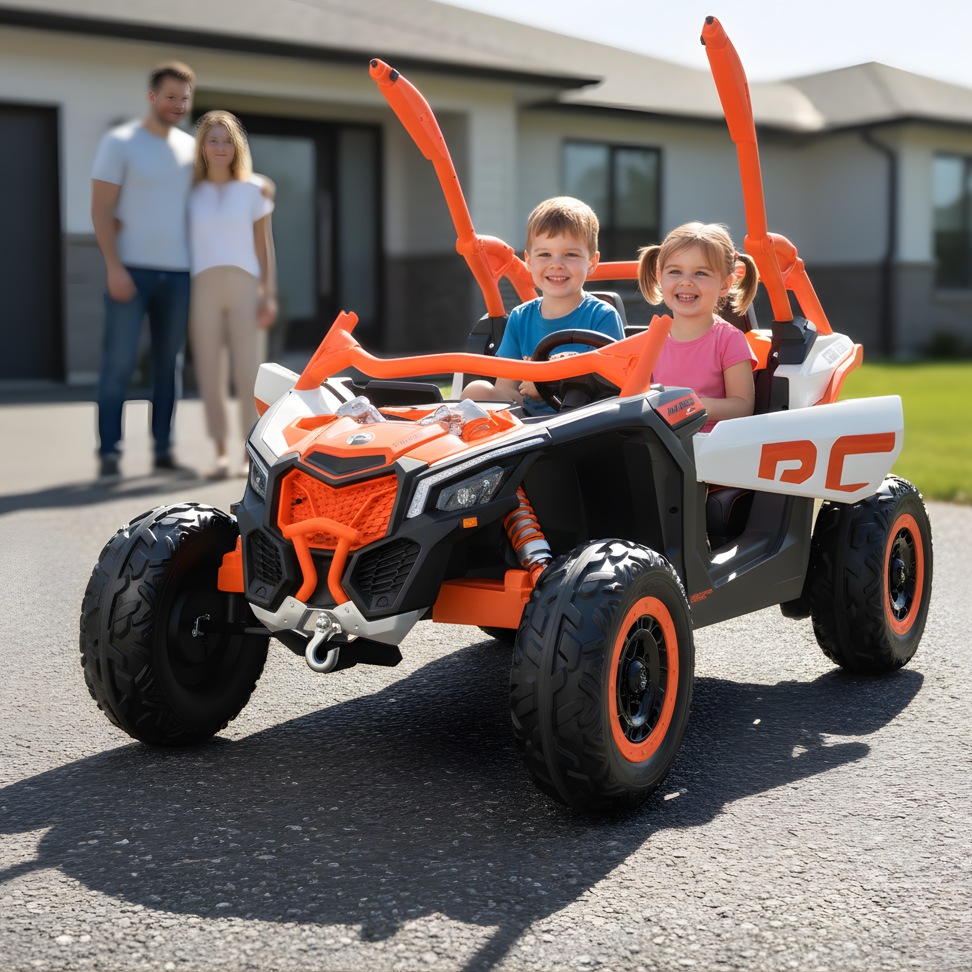 Orange Licensed LX Performance Edition 2X24V Can-Am Maverick 2-Seater 4WD UTV W/ EVA Wheels, Dual Battery Pack, Music, Leather Seats & RC