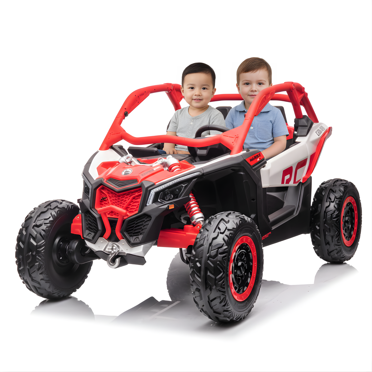 Red Licensed LX Performance Edition 2X24V Can-Am Maverick 2-Seater 4WD UTV W/ EVA Wheels, Dual Battery Pack, Music, Leather Seats & RC
