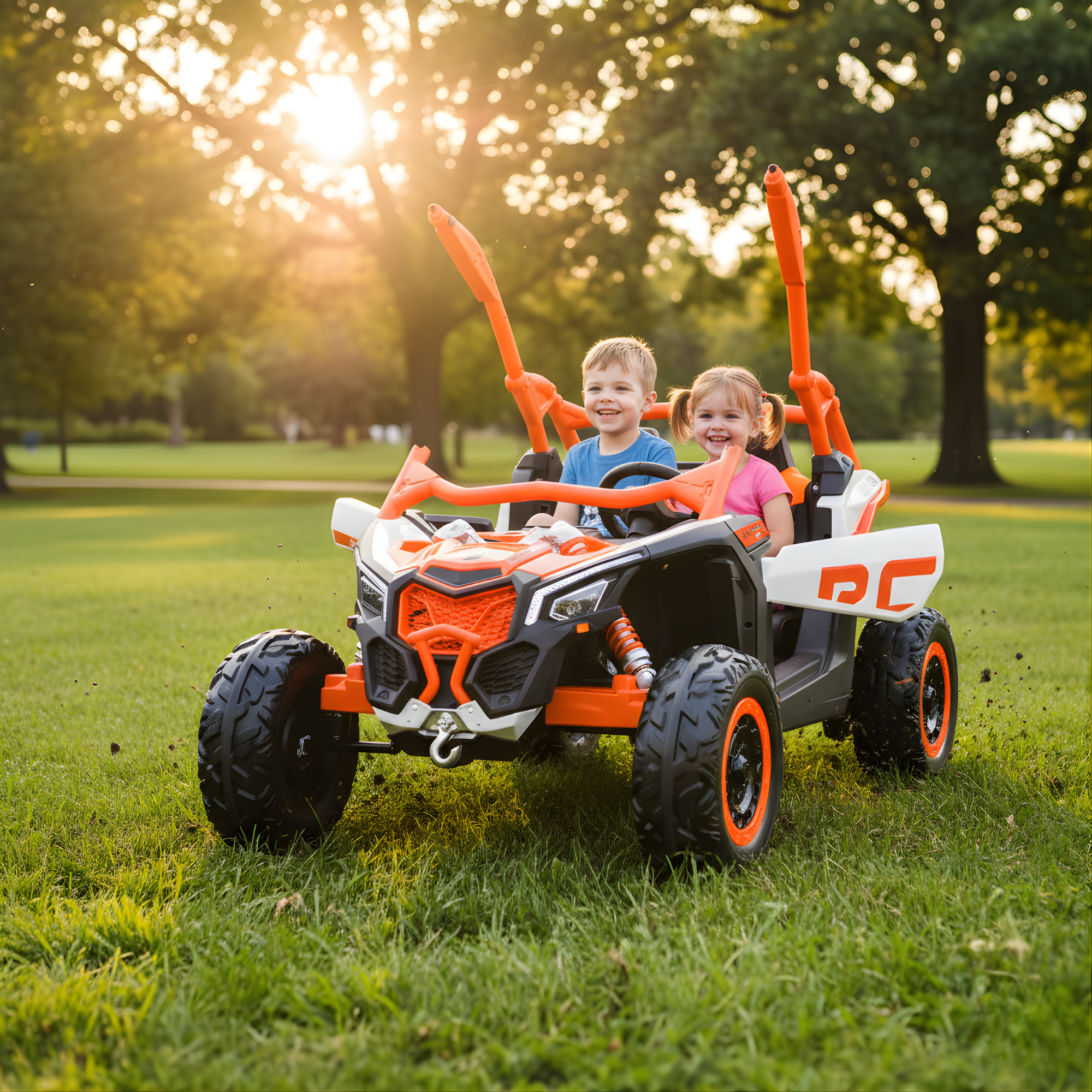 Orange Licensed LX Performance Edition 2X24V Can-Am Maverick 2-Seater 4WD UTV W/ EVA Wheels, Dual Battery Pack, Music, Leather Seats & RC