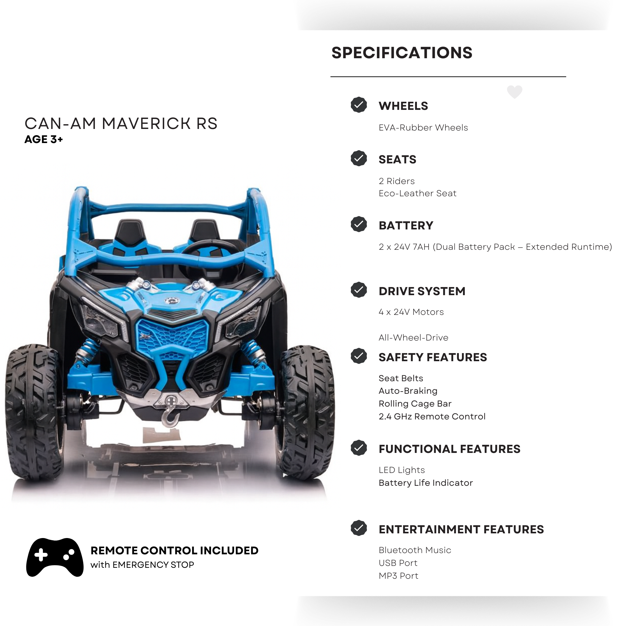 Blue Licensed LX Performance Edition 2x24V Can-Am Maverick 4WD Double 24V Battery Pack, 2-Seater Kids' Buggy W/ Music, EVA Rubber Wheels, Leather Seats & RC