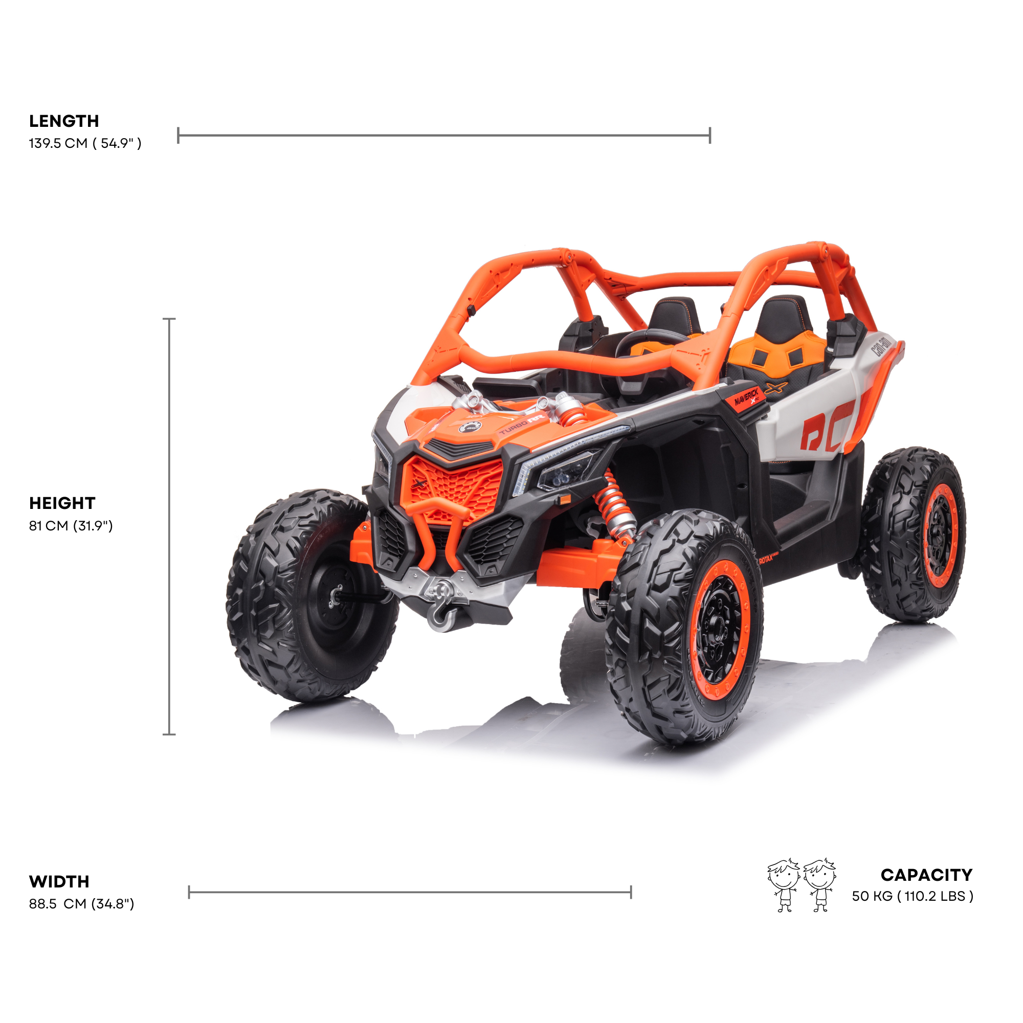 Orange Licensed LX Performance Edition 2x24V Can-Am Maverick 4WD Double 24V Battery Pack, 2-Seater Kids' Buggy W/ Music, EVA Rubber Wheels, Leather Seats & RC