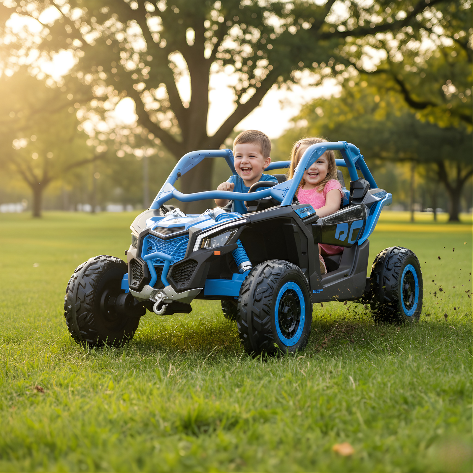 Blue Licensed LX Performance Edition 2X24V Can-Am Maverick 2-Seater 4WD UTV W/ EVA Wheels, Dual Battery Pack, Music, Leather Seats & RC