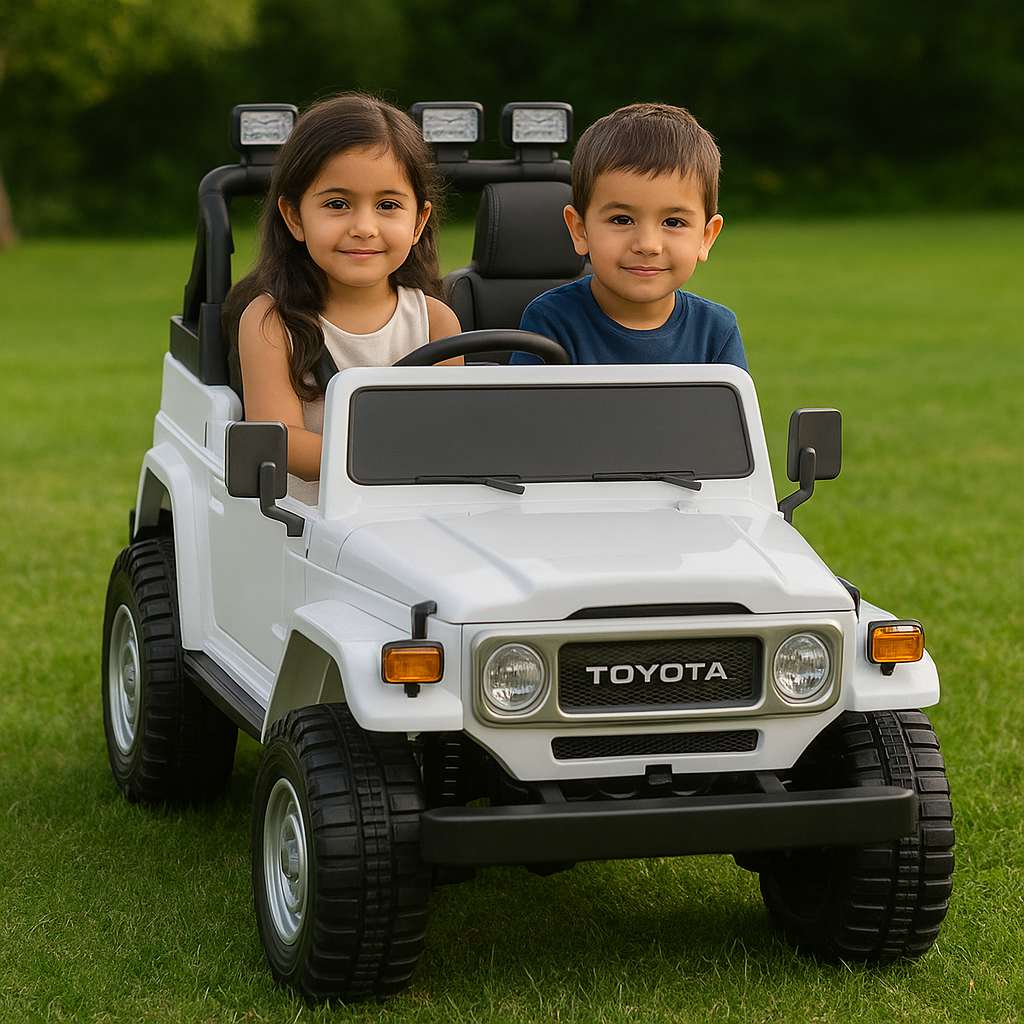 24V White 2-Seater Premium Edition Toyota 4x4 Truck for Kids W/ EVA Rubber Wheels, Music & RC