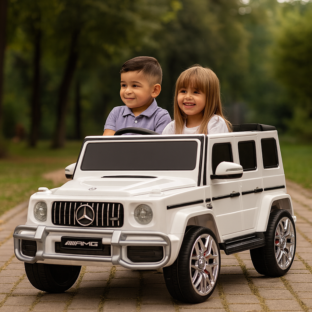 24V Exclusive White Mercedes Benz G63 2-Seater 4x4 Kids' Ride-on SUV W/ EVA Wheels, Leather Seats, Light-up Logo, BT & RC