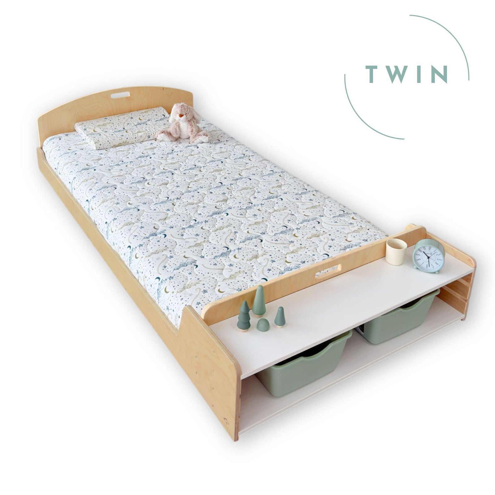 CHERRY TWIN - Montessori Floor Bed with Shelves.