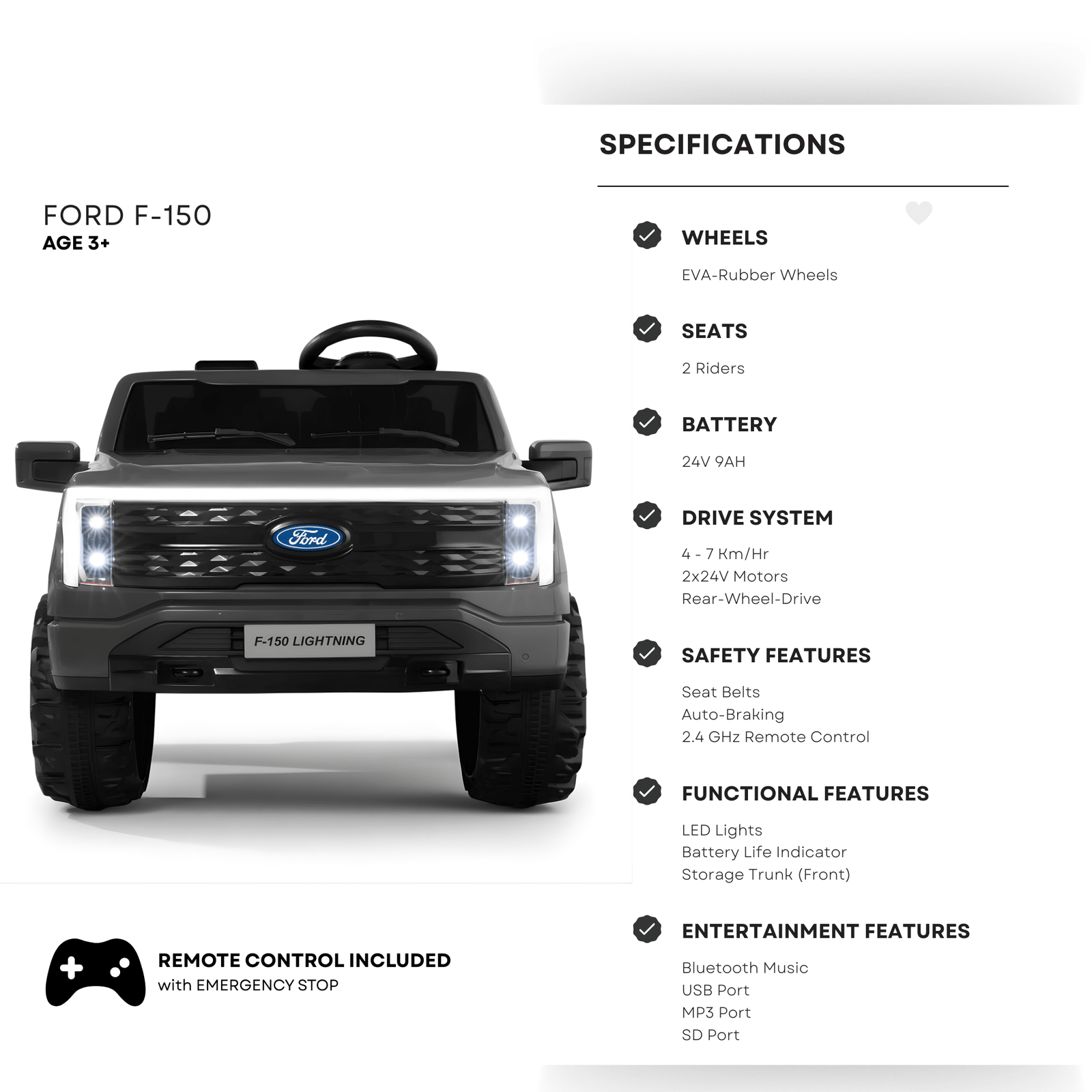 Black 2 Seater Lighting Edition Ford F-150, 24V Kids Ride on Truck.