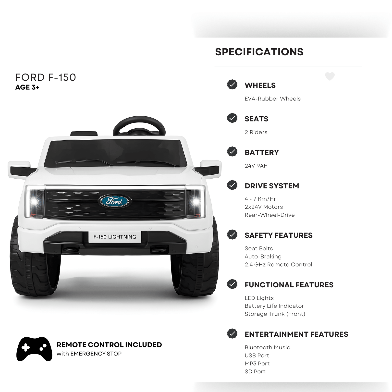 White 2 Seater Lighting Edition Ford F-150, 24V Kids Ride on Truck.