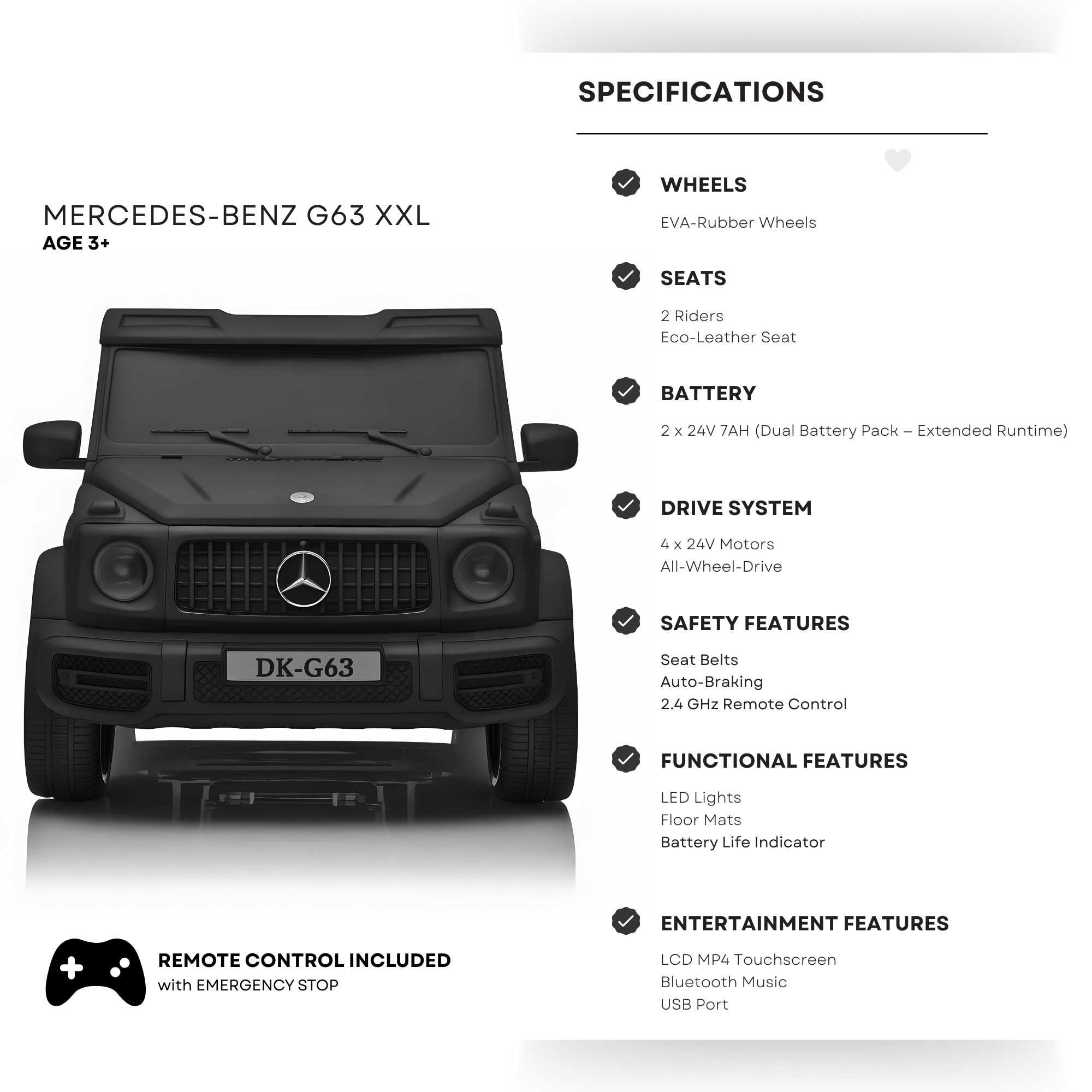 2x24V Platinum Matte Black Edition XXL 4x4 Mercedes G63 Kids' Ride on SUV W/ MP4, EVA Rubber Wheels & RC