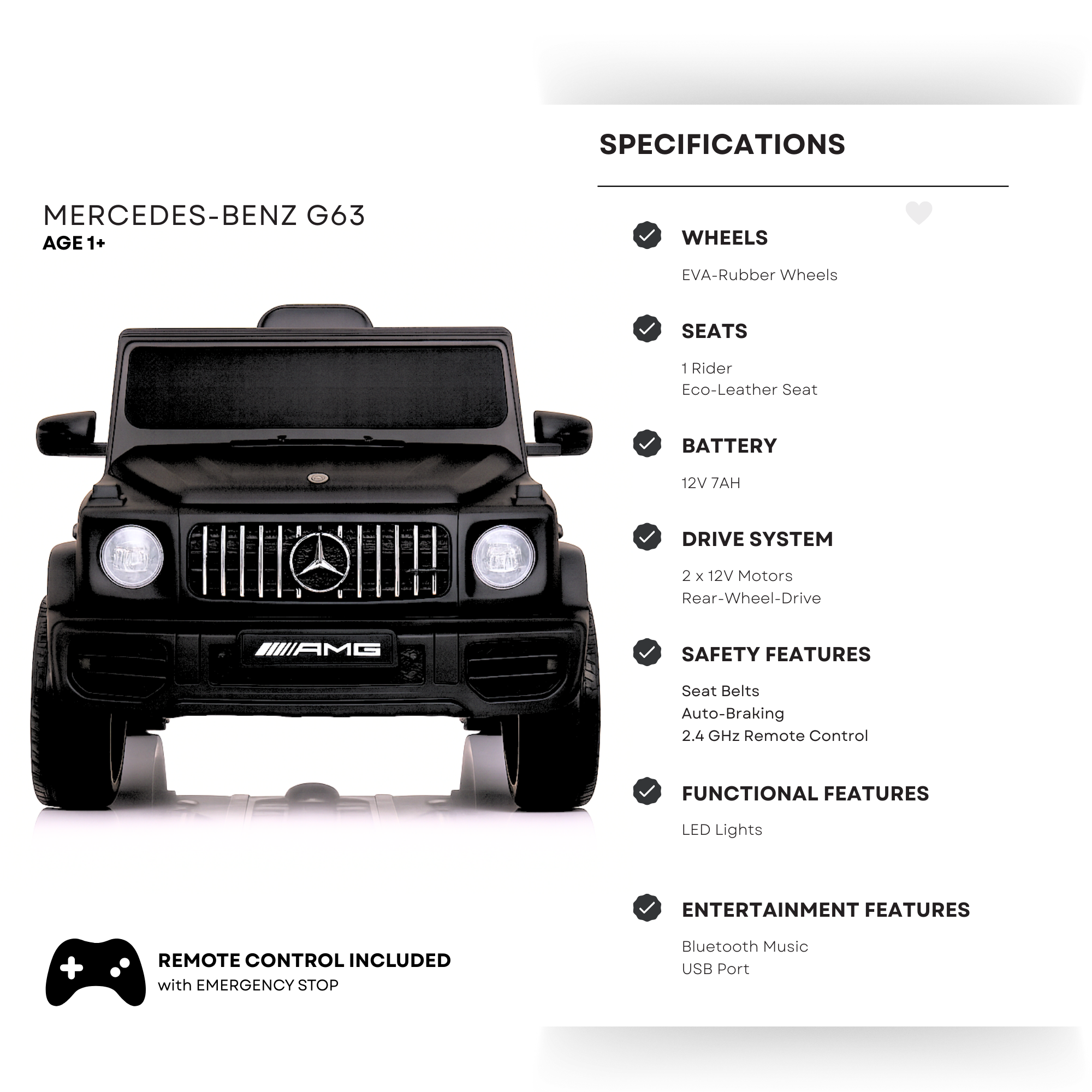 12V Luxury Matte Black Edition Mercedes Benz AMG G63 Ride-On SUV W/ Rubber Wheels, Leather Seat, Bluetooth & RC