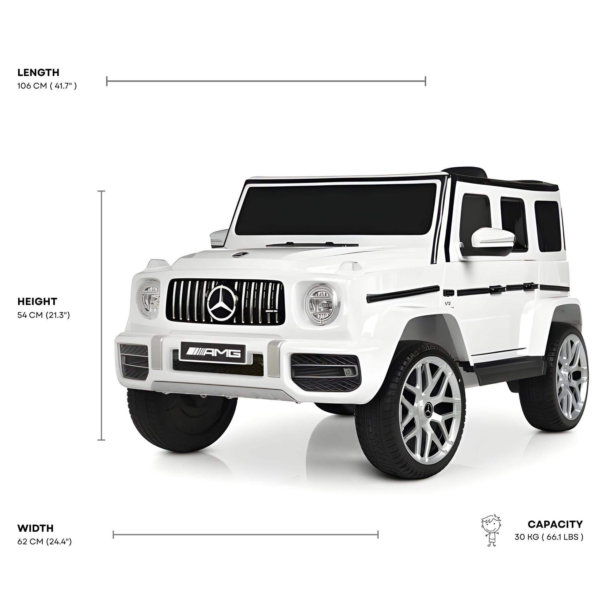 12V Luxury White Mercedes Benz AMG G63 Ride-On SUV W/ Rubber Wheels, Leather Seat, Bluetooth & RC