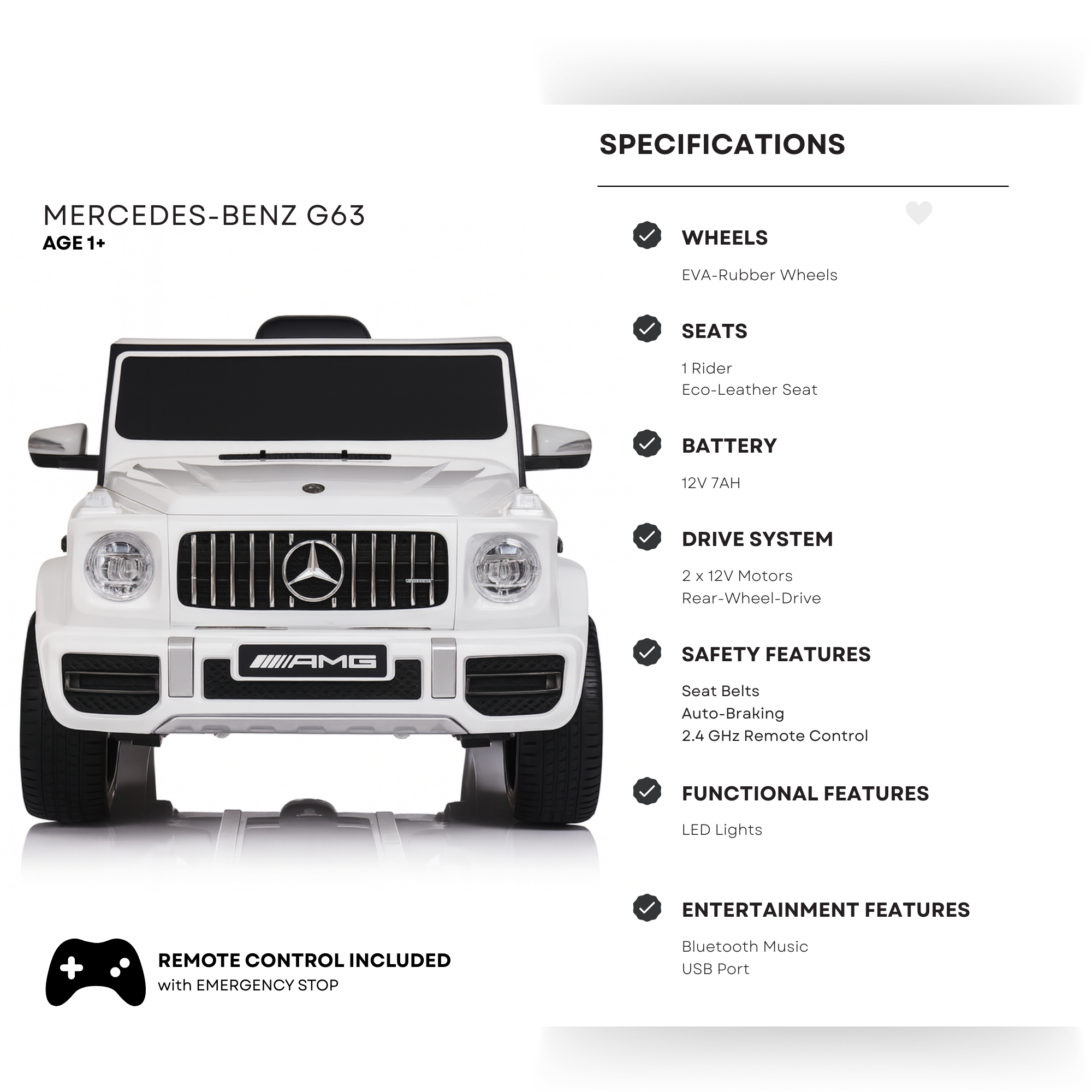 12V Luxury White Mercedes Benz AMG G63 Ride-On SUV W/ Rubber Wheels, Leather Seat, Bluetooth & RC