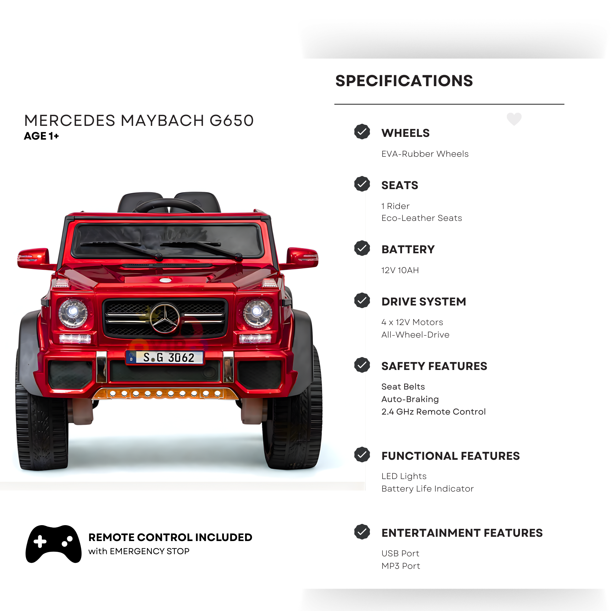 12V Red Luxury Mercedes Maybach G650s Kids' 4x4 Ride-on SUV W/ Rubber Wheels, Music & RC