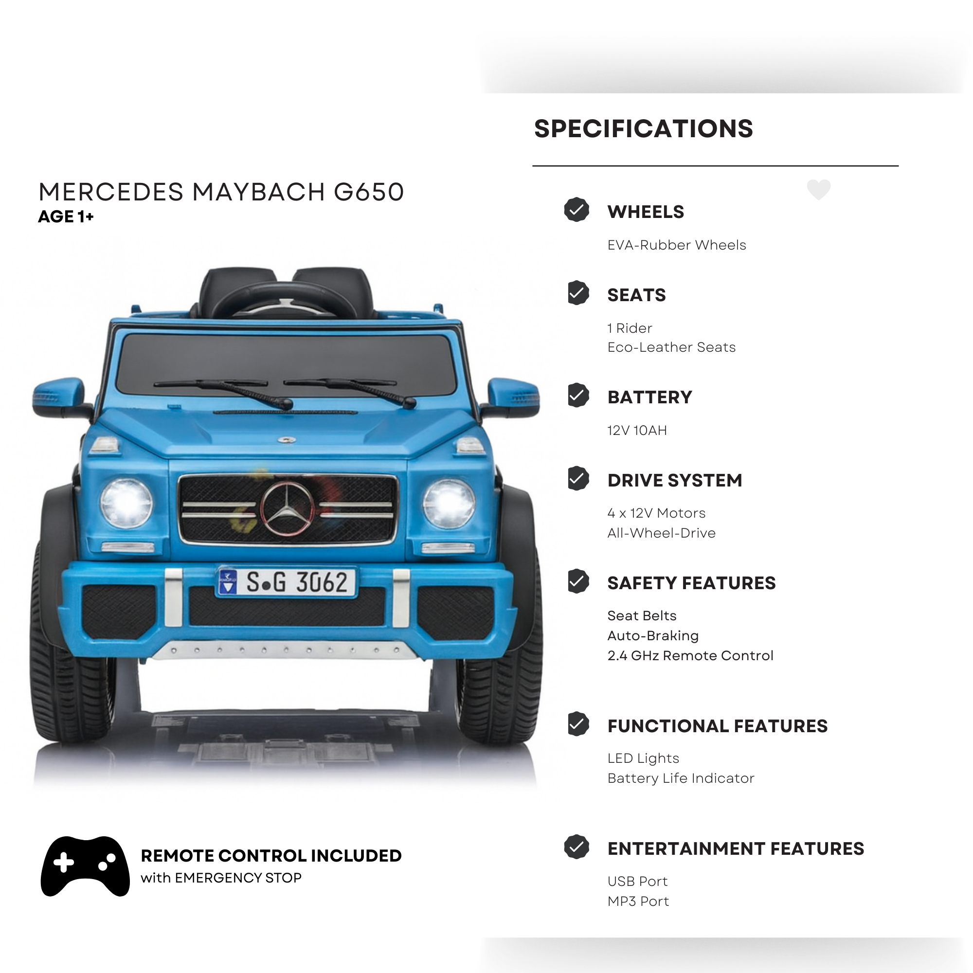 12V Blue Luxury Mercedes Maybach G650s Kids' 4x4 Ride-on SUV W/ Rubber Wheels, Music & RC