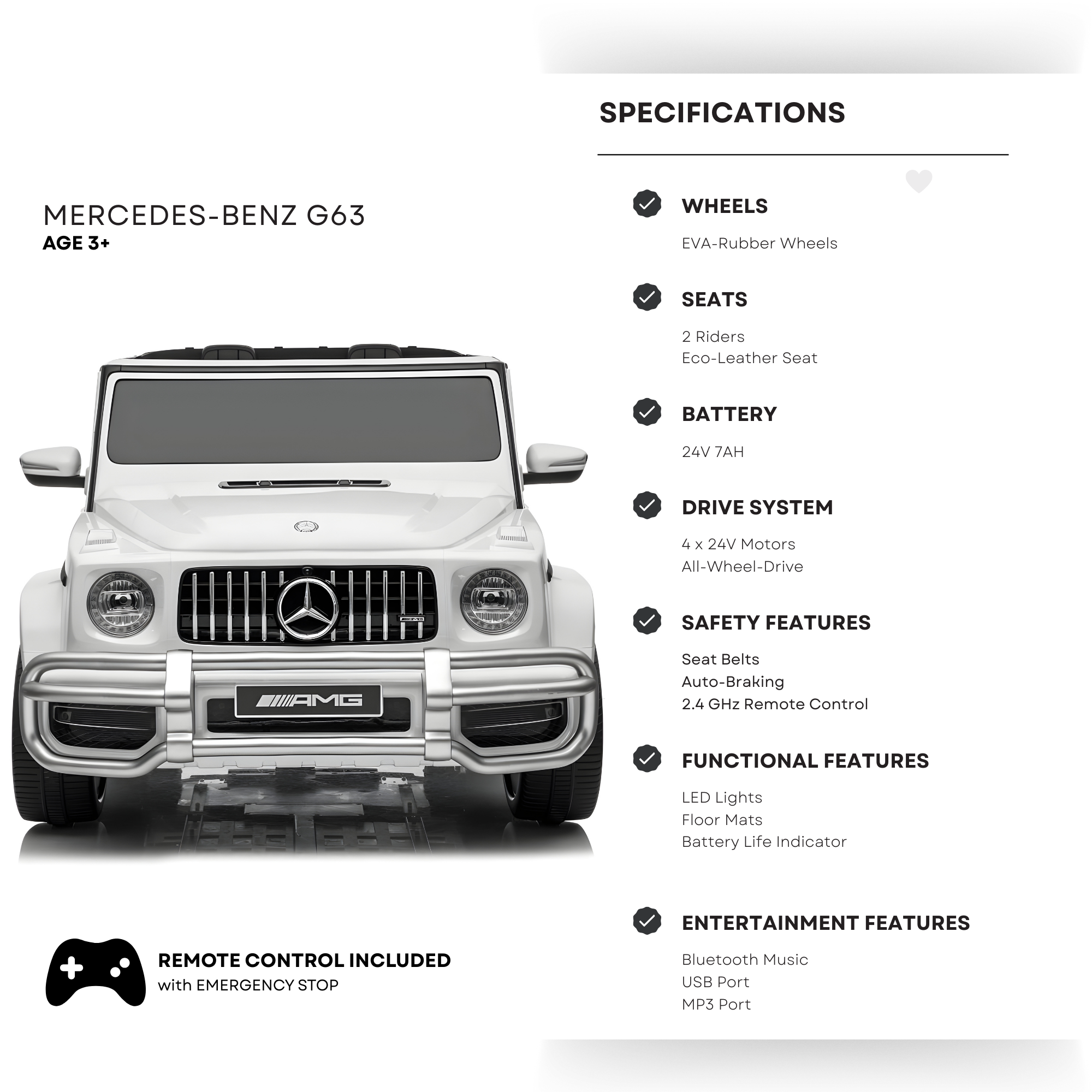 24V Exclusive White Mercedes Benz G63 2-Seater 4x4 Kids' Ride-on SUV W/ EVA Wheels, Leather Seats, Light-up Logo, BT & RC