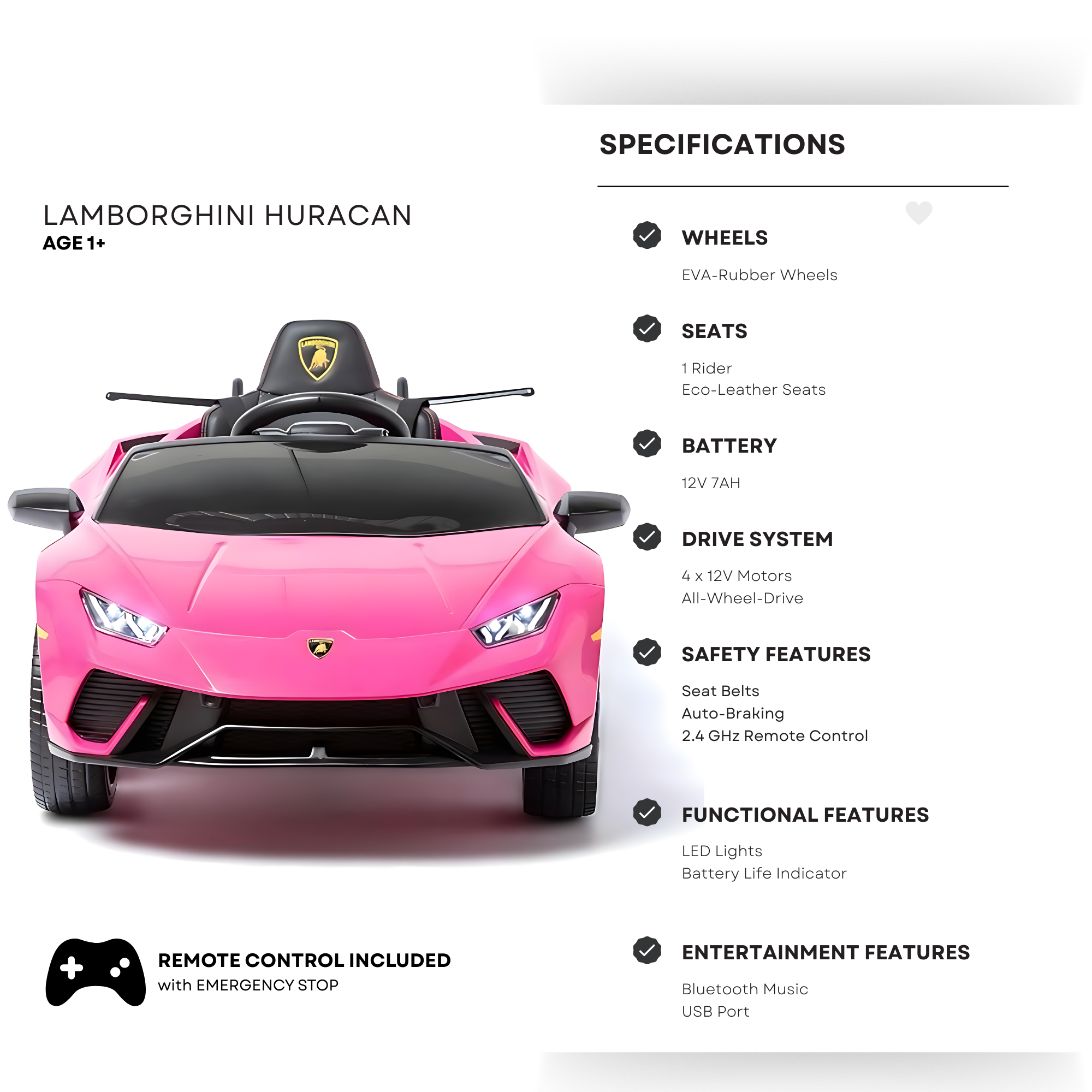 12V Pink Lamborghini Huracan Licensed Sport Edition 4X4 Ride-On Car W/ Rubber Wheels, Bluetooth & RC