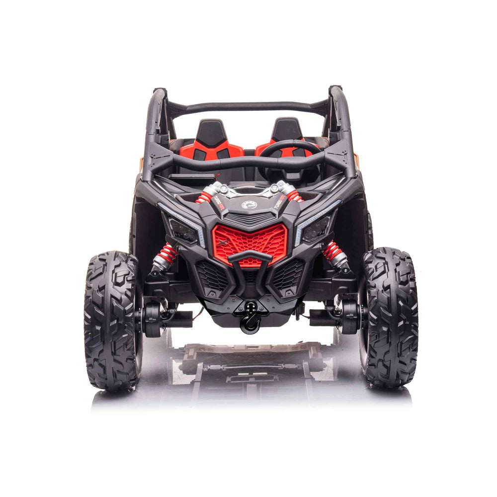 Black Licensed LX Performance Edition 2X24V Can-Am Maverick 2-Seater 4WD UTV W/ EVA Wheels, Dual Battery Pack, Music, Leather Seats & RC