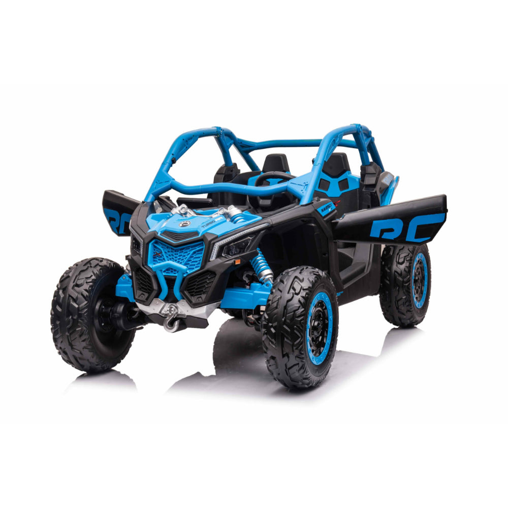 Blue Licensed LX Performance Edition 2X24V Can-Am Maverick 2-Seater 4WD UTV W/ EVA Wheels, Dual Battery Pack, Music, Leather Seats & RC