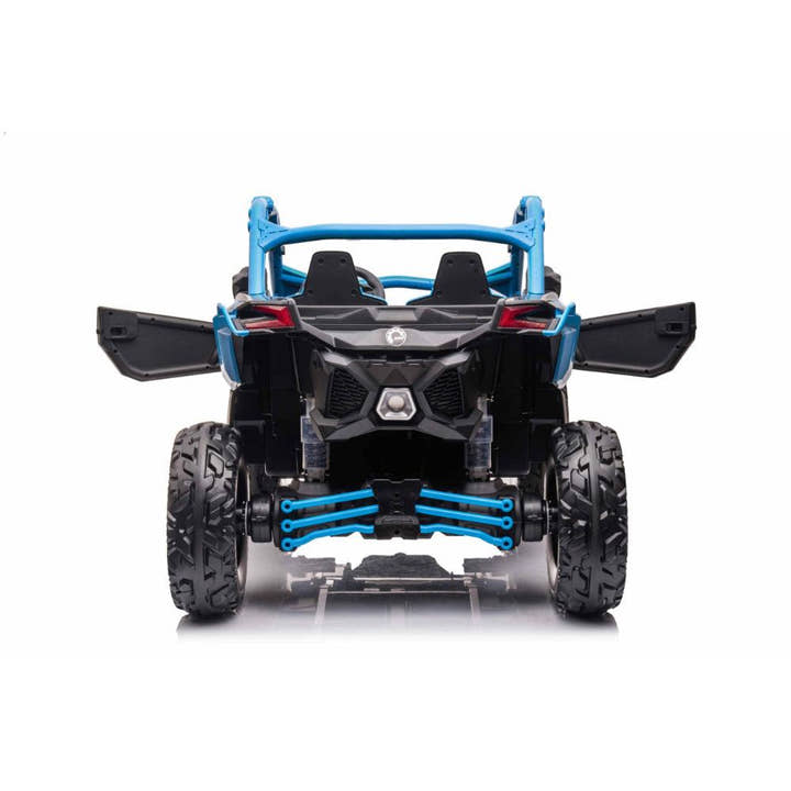 Blue Licensed LX Performance Edition 2X24V Can-Am Maverick 2-Seater 4WD UTV W/ EVA Wheels, Dual Battery Pack, Music, Leather Seats & RC