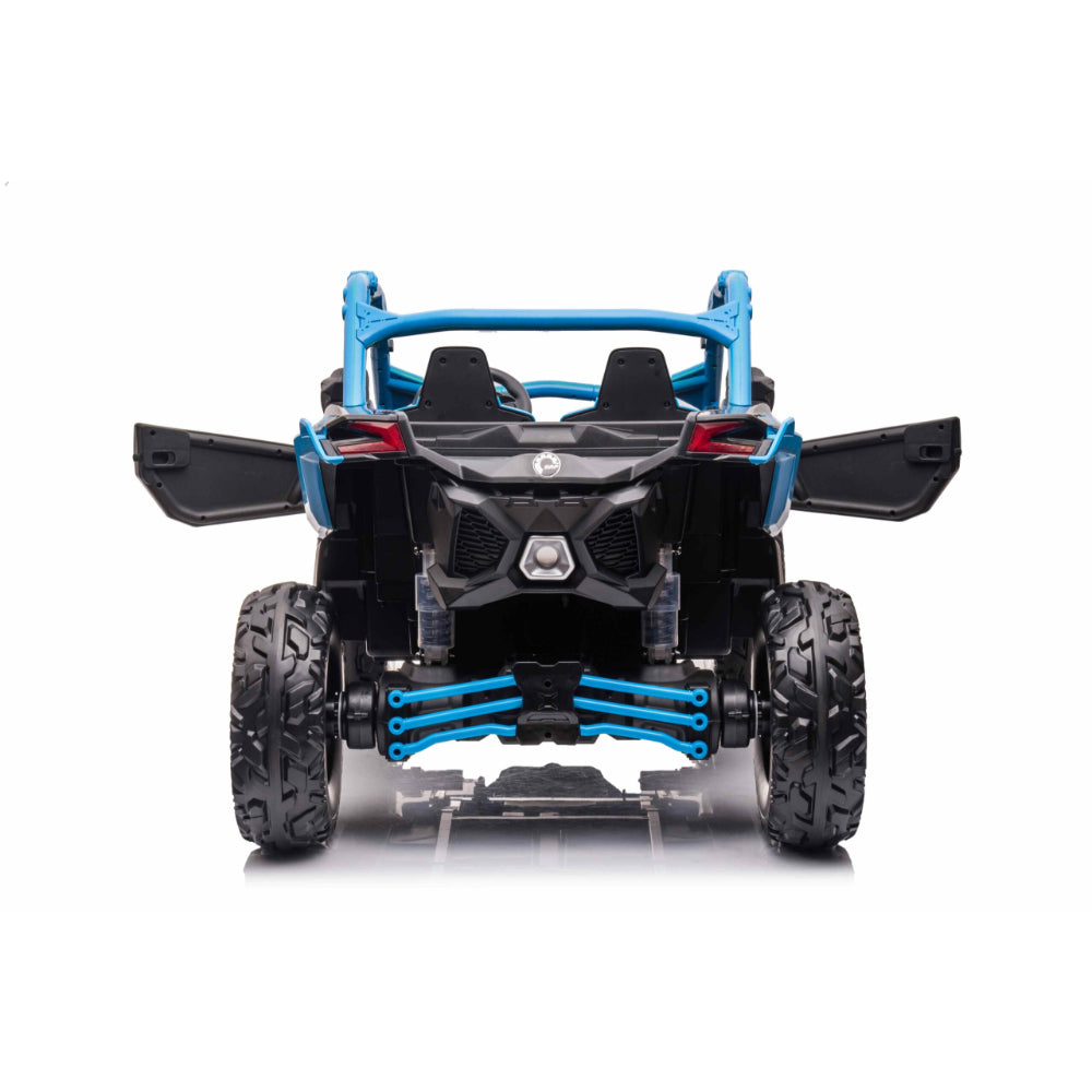 Blue Licensed LX Performance Edition 2X24V Can-Am Maverick 2-Seater 4WD UTV W/ EVA Wheels, Dual Battery Pack, Music, Leather Seats & RC