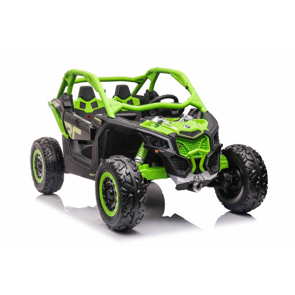 Green Licensed LX Performance Edition 2X24V Can-Am Maverick 2-Seater 4WD UTV W/ EVA Wheels, Dual Battery Pack, Music, Leather Seats & RC