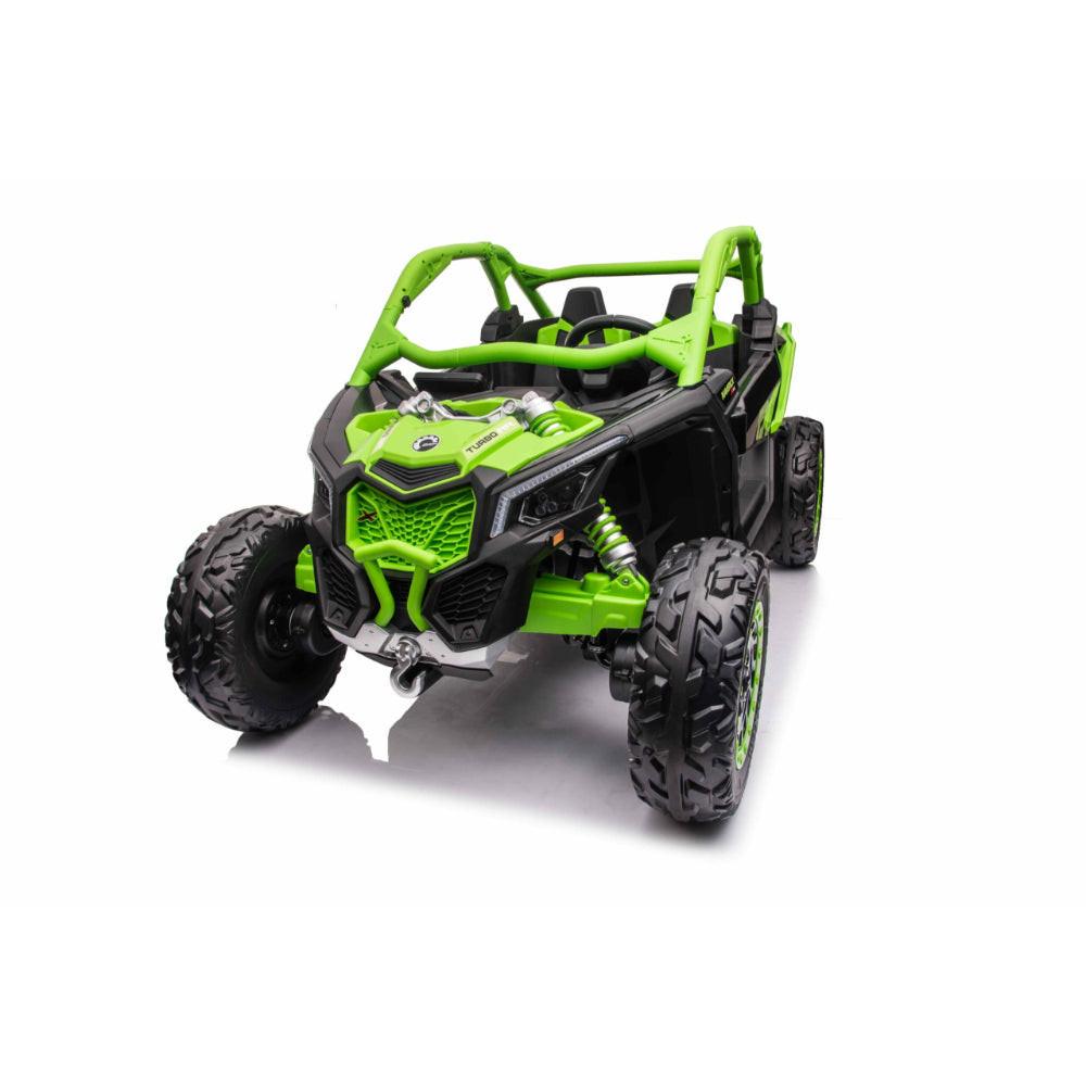 Green Licensed LX Performance Edition 2X24V Can-Am Maverick 2-Seater 4WD UTV W/ EVA Wheels, Dual Battery Pack, Music, Leather Seats & RC