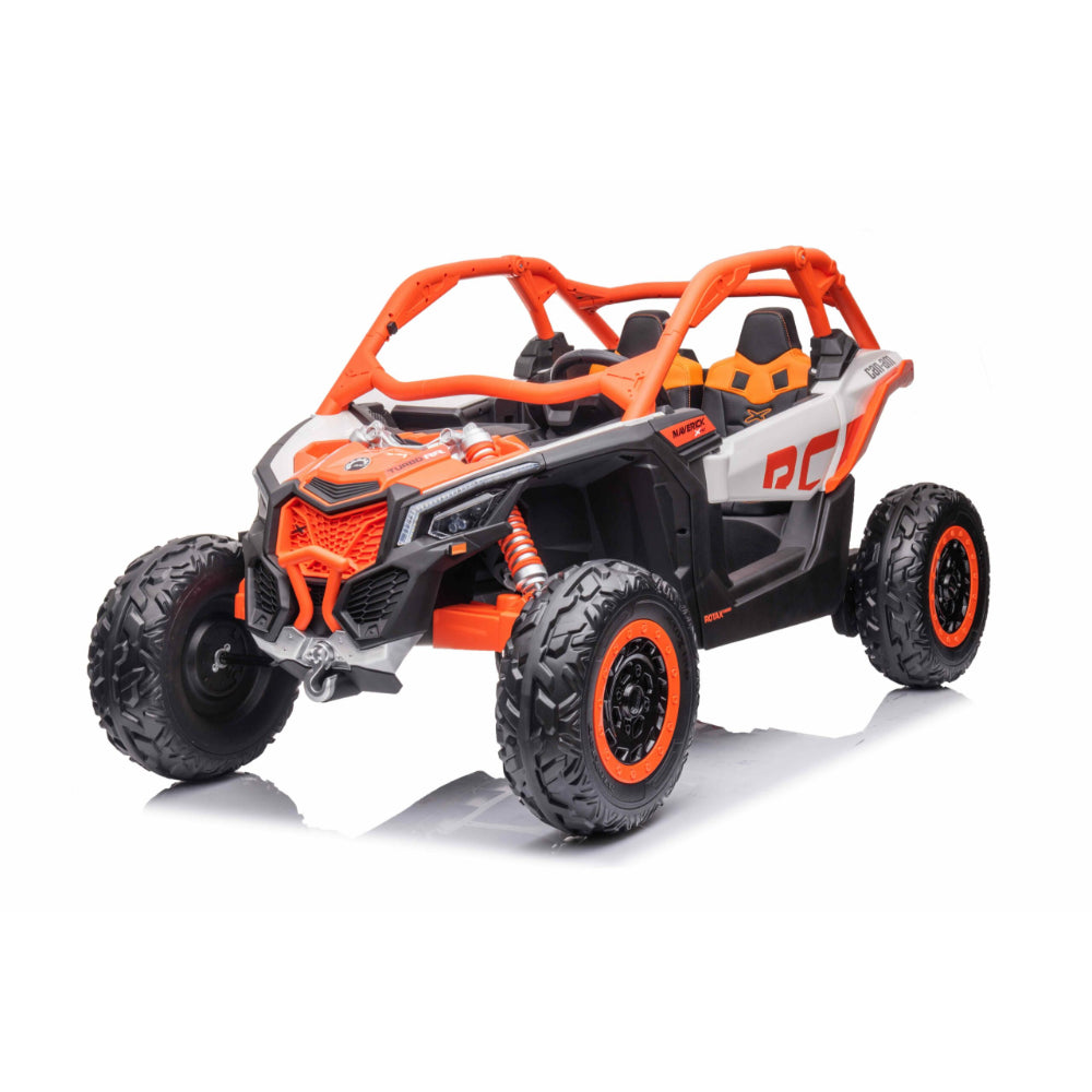 Orange Licensed LX Performance Edition 2X24V Can-Am Maverick 2-Seater 4WD UTV W/ EVA Wheels, Dual Battery Pack, Music, Leather Seats & RC