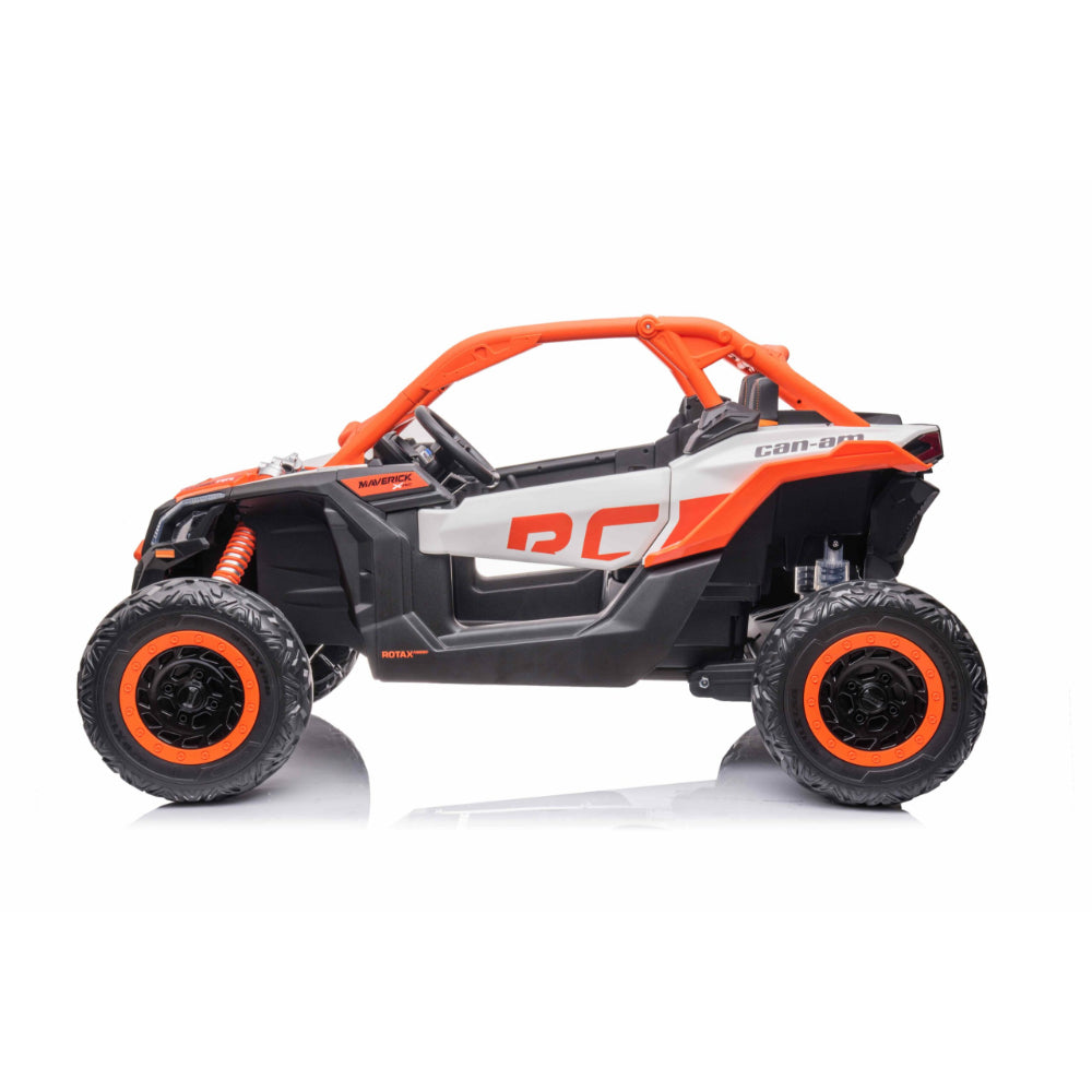Orange Licensed LX Performance Edition 2X24V Can-Am Maverick 2-Seater 4WD UTV W/ EVA Wheels, Dual Battery Pack, Music, Leather Seats & RC
