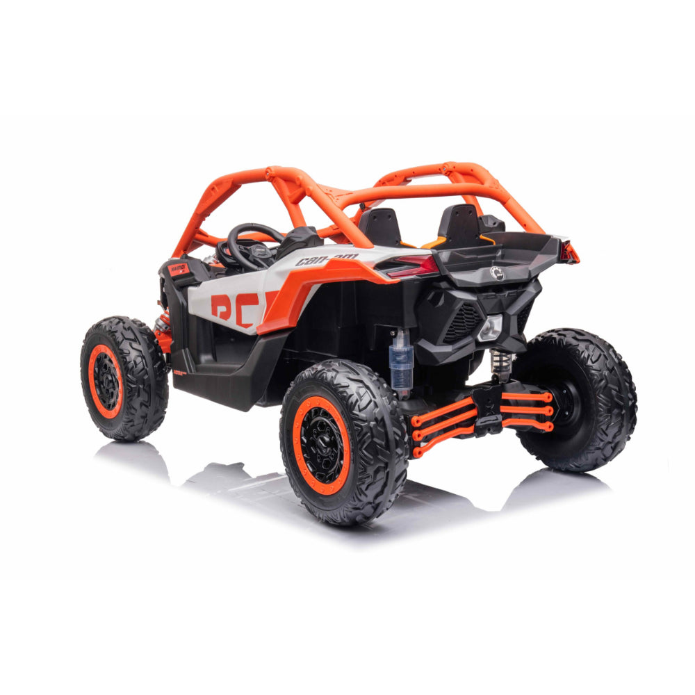 Orange Licensed LX Performance Edition 2X24V Can-Am Maverick 2-Seater 4WD UTV W/ EVA Wheels, Dual Battery Pack, Music, Leather Seats & RC