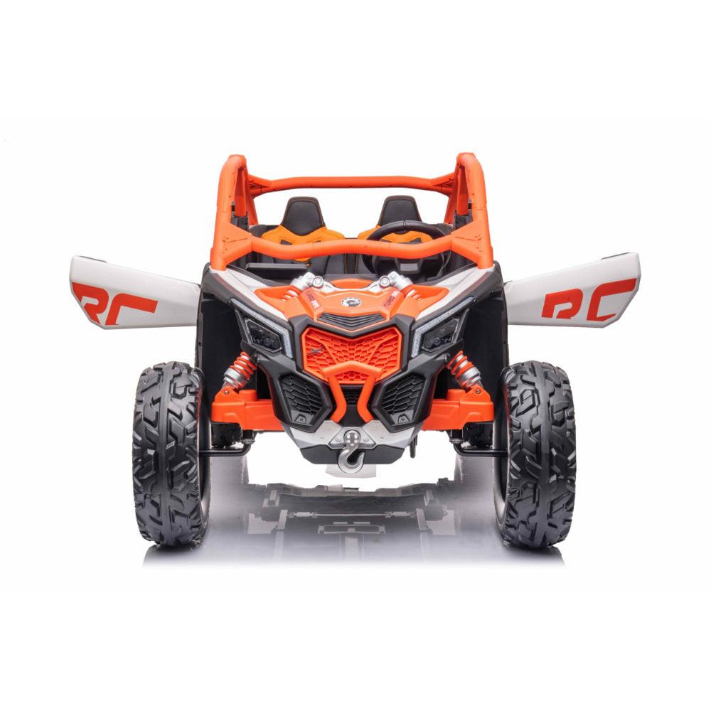 Orange Licensed LX Performance Edition 2X24V Can-Am Maverick 2-Seater 4WD UTV W/ EVA Wheels, Dual Battery Pack, Music, Leather Seats & RC
