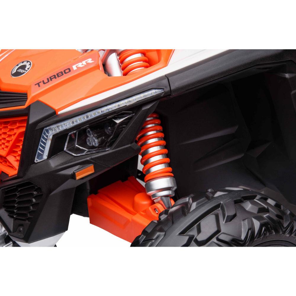Orange Licensed LX Performance Edition 2X24V Can-Am Maverick 2-Seater 4WD UTV W/ EVA Wheels, Dual Battery Pack, Music, Leather Seats & RC