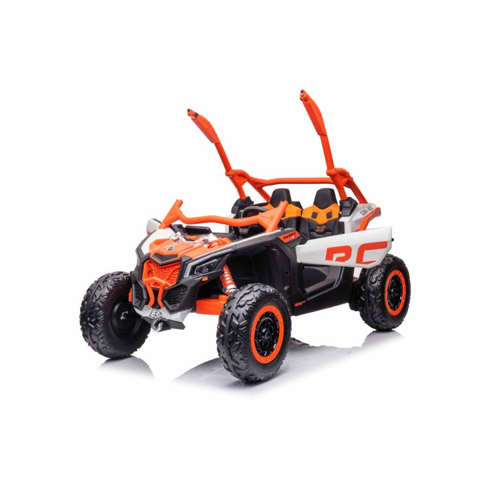 Orange Licensed LX Performance Edition 2X24V Can-Am Maverick 2-Seater 4WD UTV W/ EVA Wheels, Dual Battery Pack, Music, Leather Seats & RC