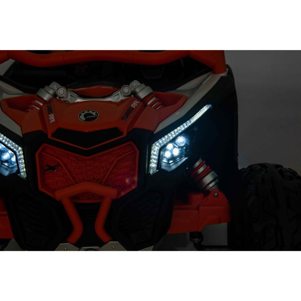 Orange Licensed LX Performance Edition 2X24V Can-Am Maverick 2-Seater 4WD UTV W/ EVA Wheels, Dual Battery Pack, Music, Leather Seats & RC