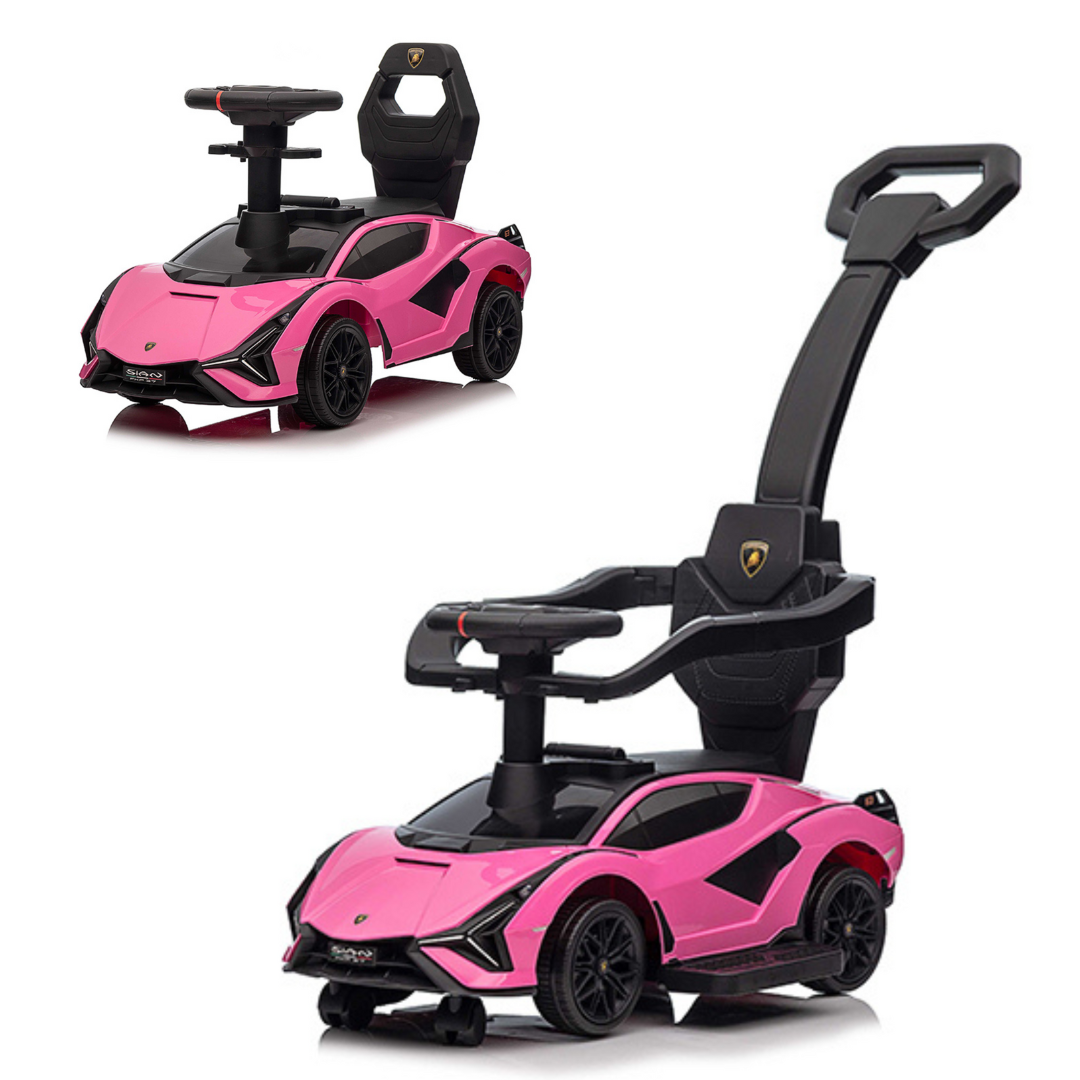 Pink Complete Edition Lamborghini Sian 3-in-1 Push Car / Stroller W/ Detachable Handle, Safety Guards, Lights & Music