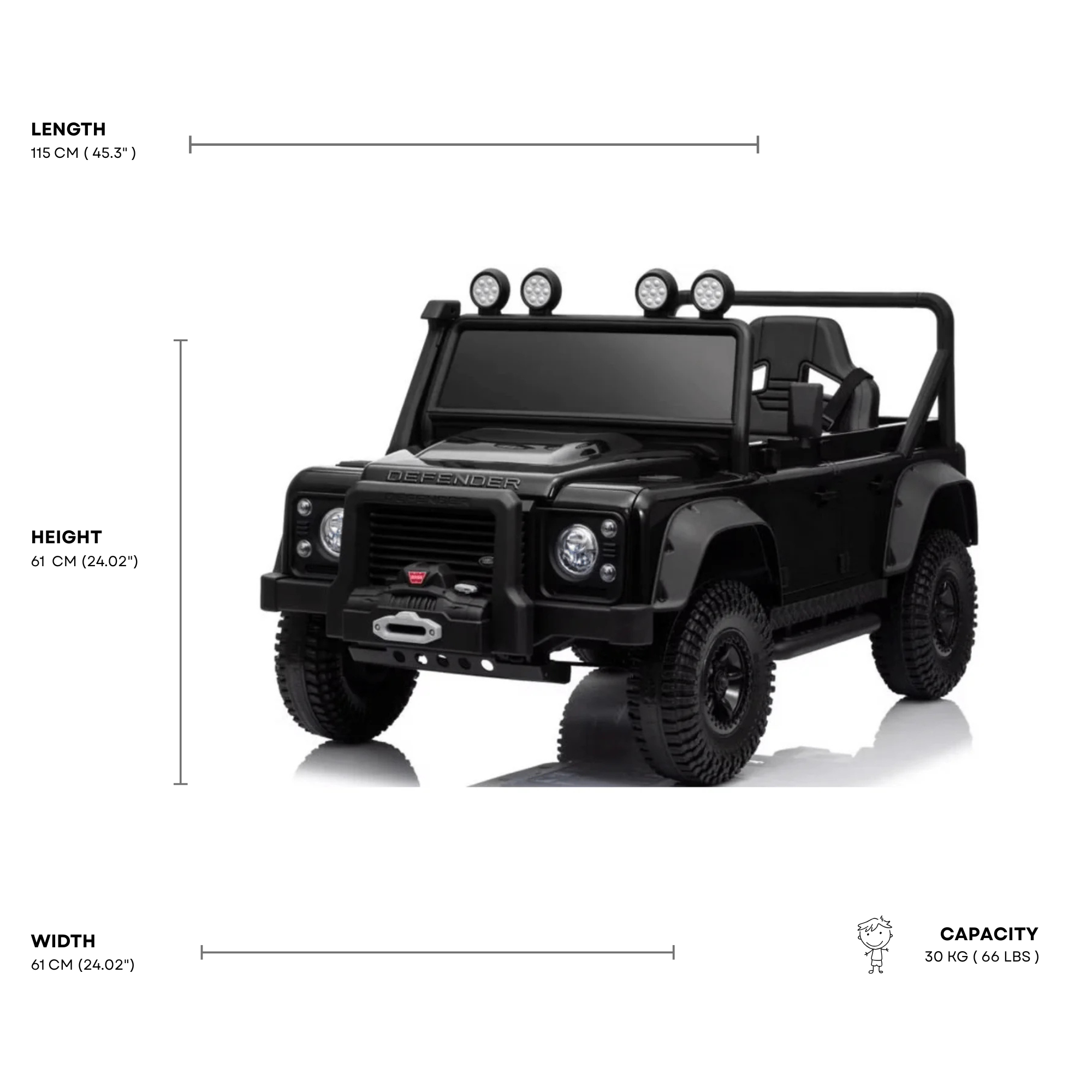12V Black Land Rover Defender 1-Seater AWD Ride-on Truck W/ Rubber Wheels, Music Player & RC
