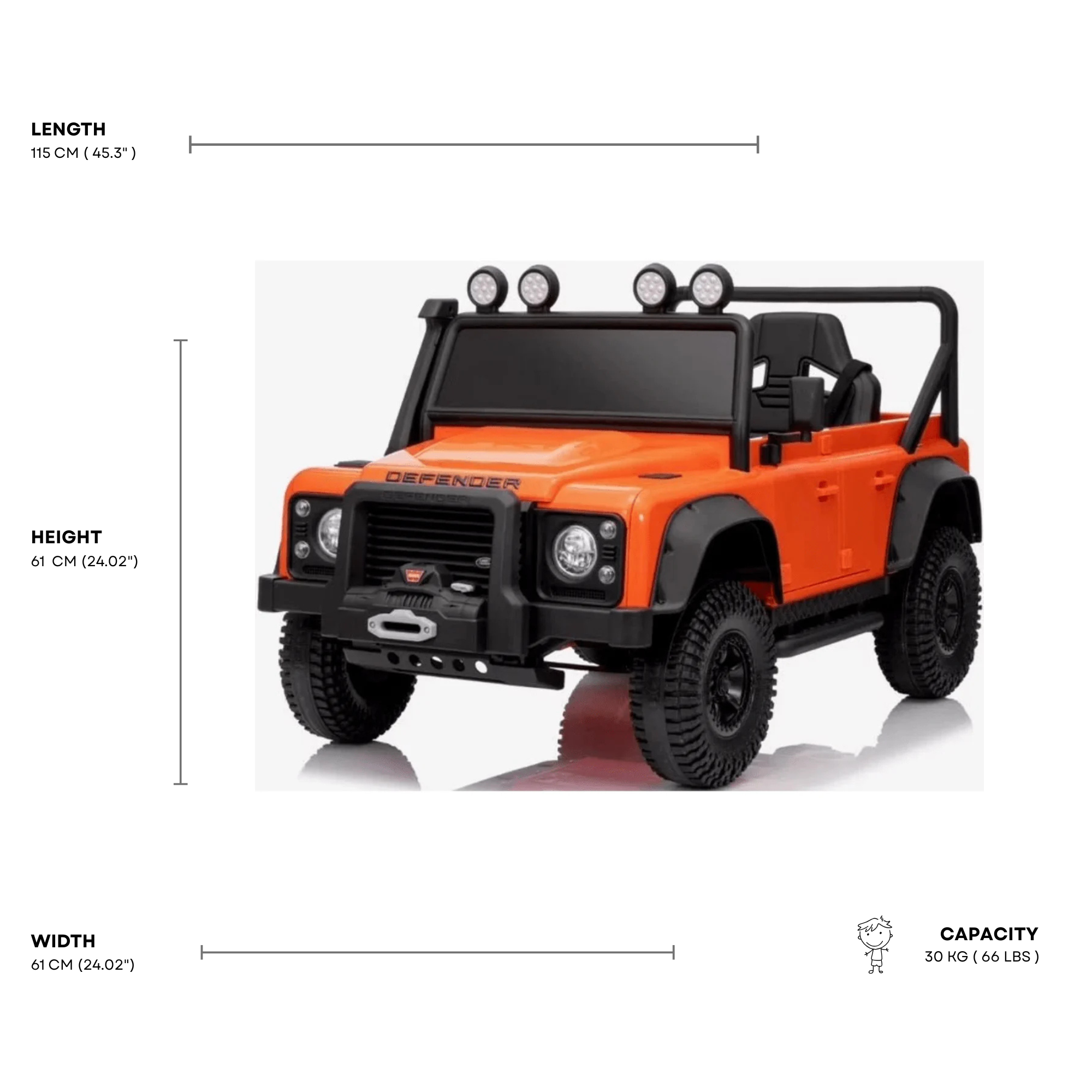 12V Orange Land Rover Defender 1-Seater AWD Ride-on Truck W/ Rubber Wheels, Music Player & RC