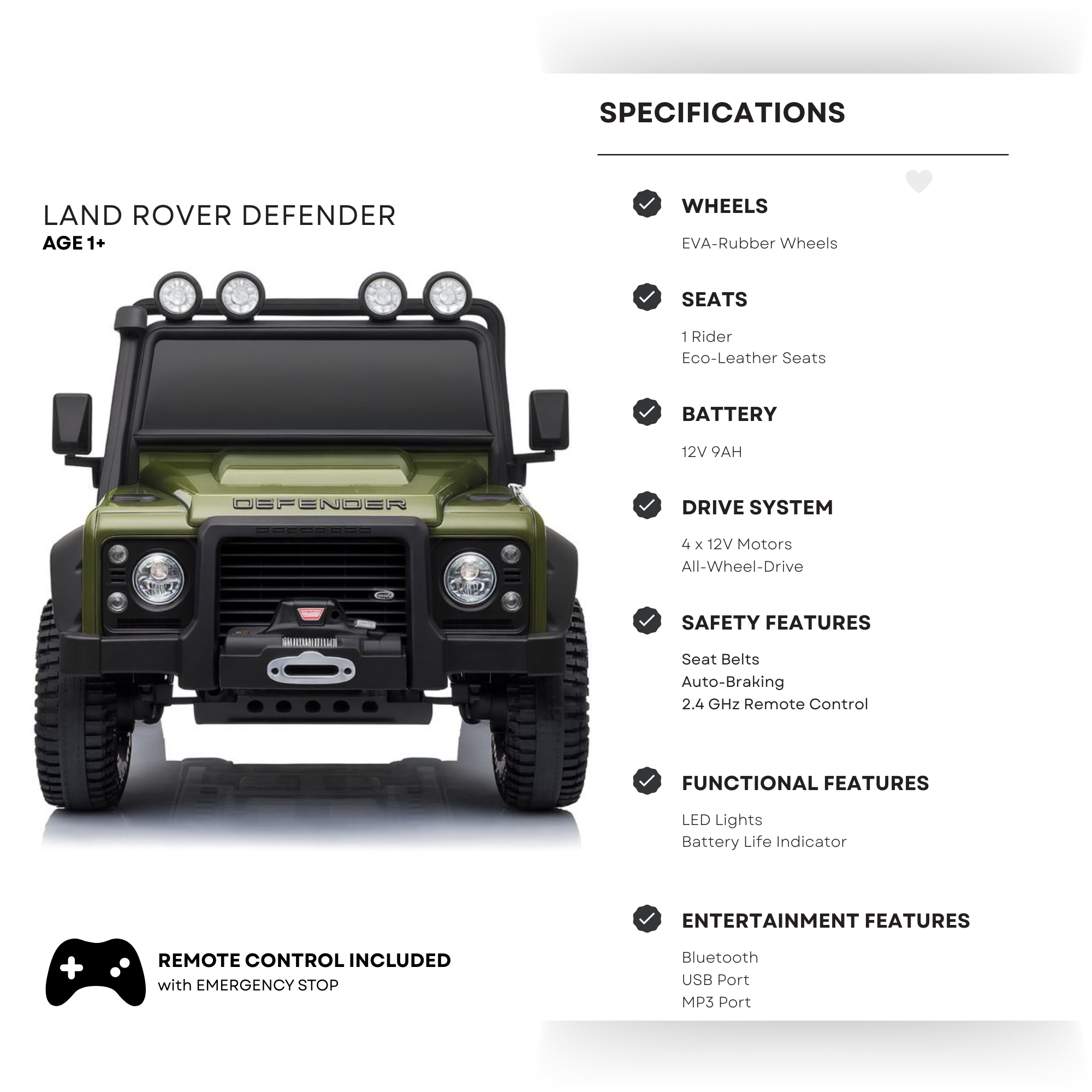 12V Green Land Rover Defender 1-Seater AWD Ride-on Truck W/ Rubber Wheels, Music Player & RC
