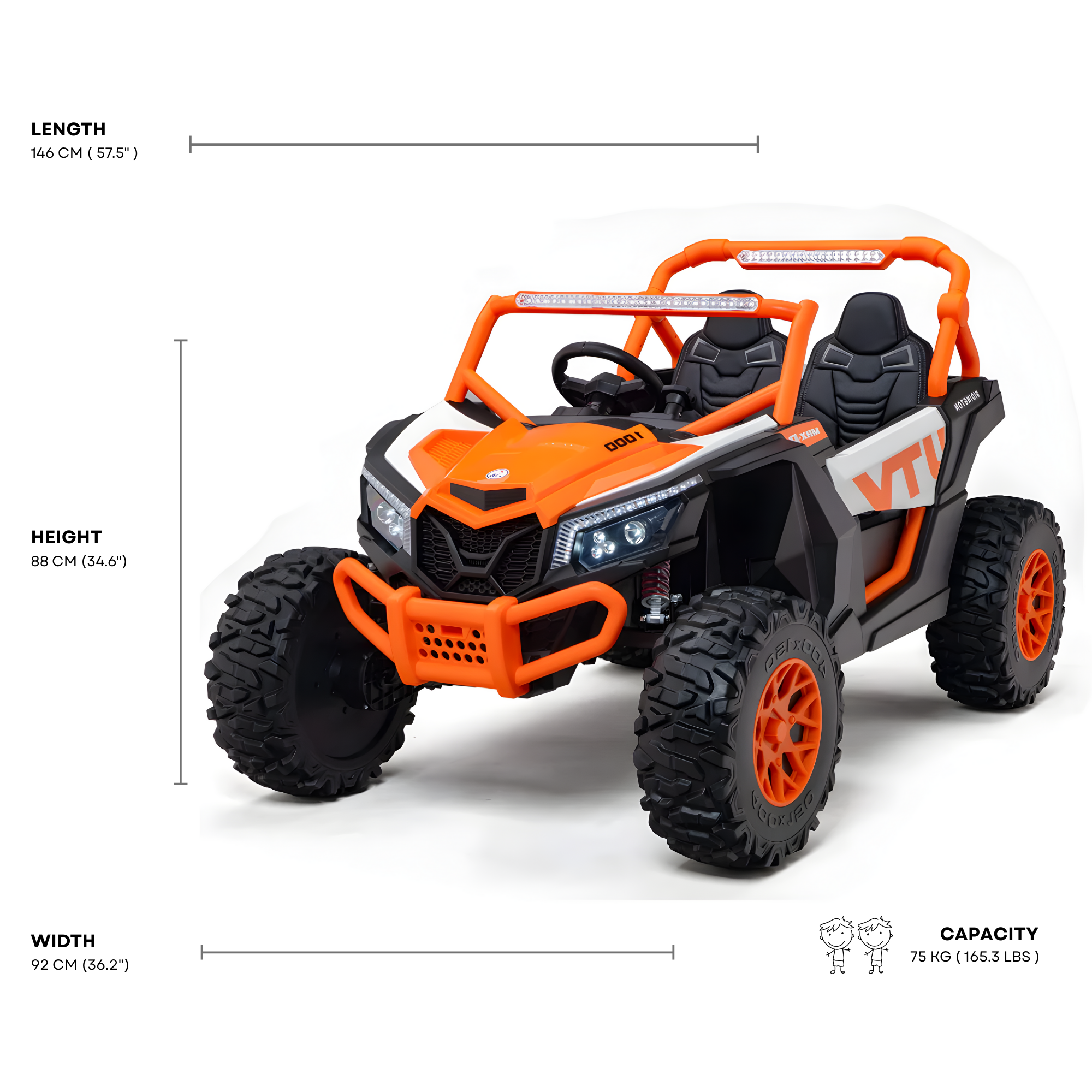 Orange 2-Seater XXL Premium MegaTrek 2-Seater 24V 4X4/AWD Kids Ride on UTV Buggy W/ EVA Rubber Wheels, BT & RC