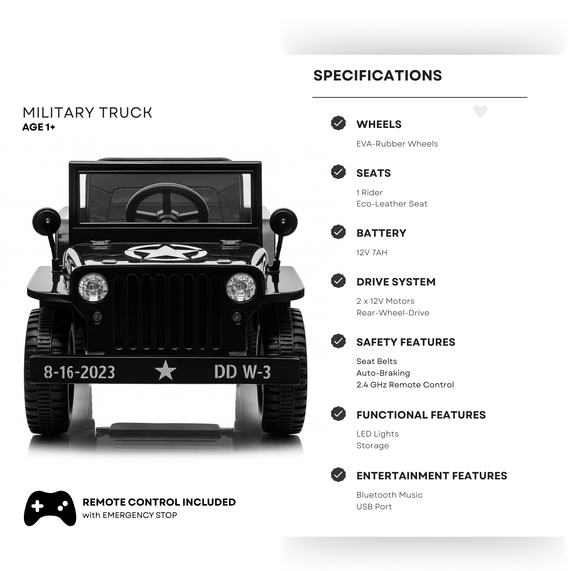 12V Black Limited Edition Kids 1-Seater Military Ride-on Truck W/ EVA Rubber Wheels, Music & RC