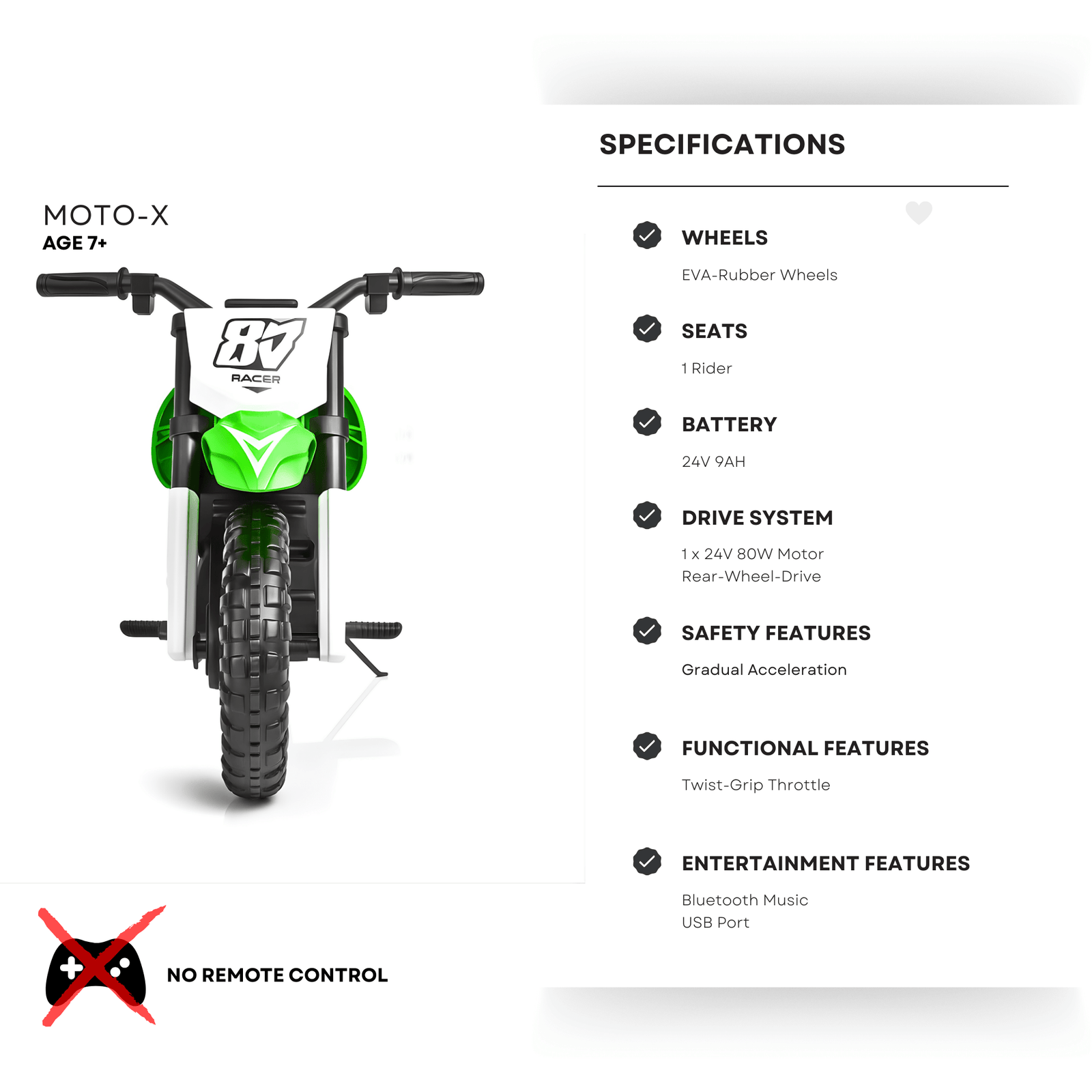 Green 24V Electric MotoX Dirt Bike for Kids, Up to 18 km/h.