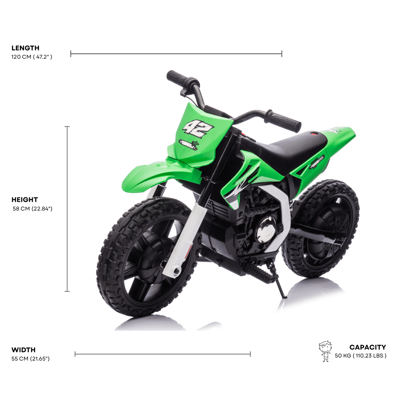 Green 24V Electric MotoX Dirt Bike for Kids, Up to 18 km/h.