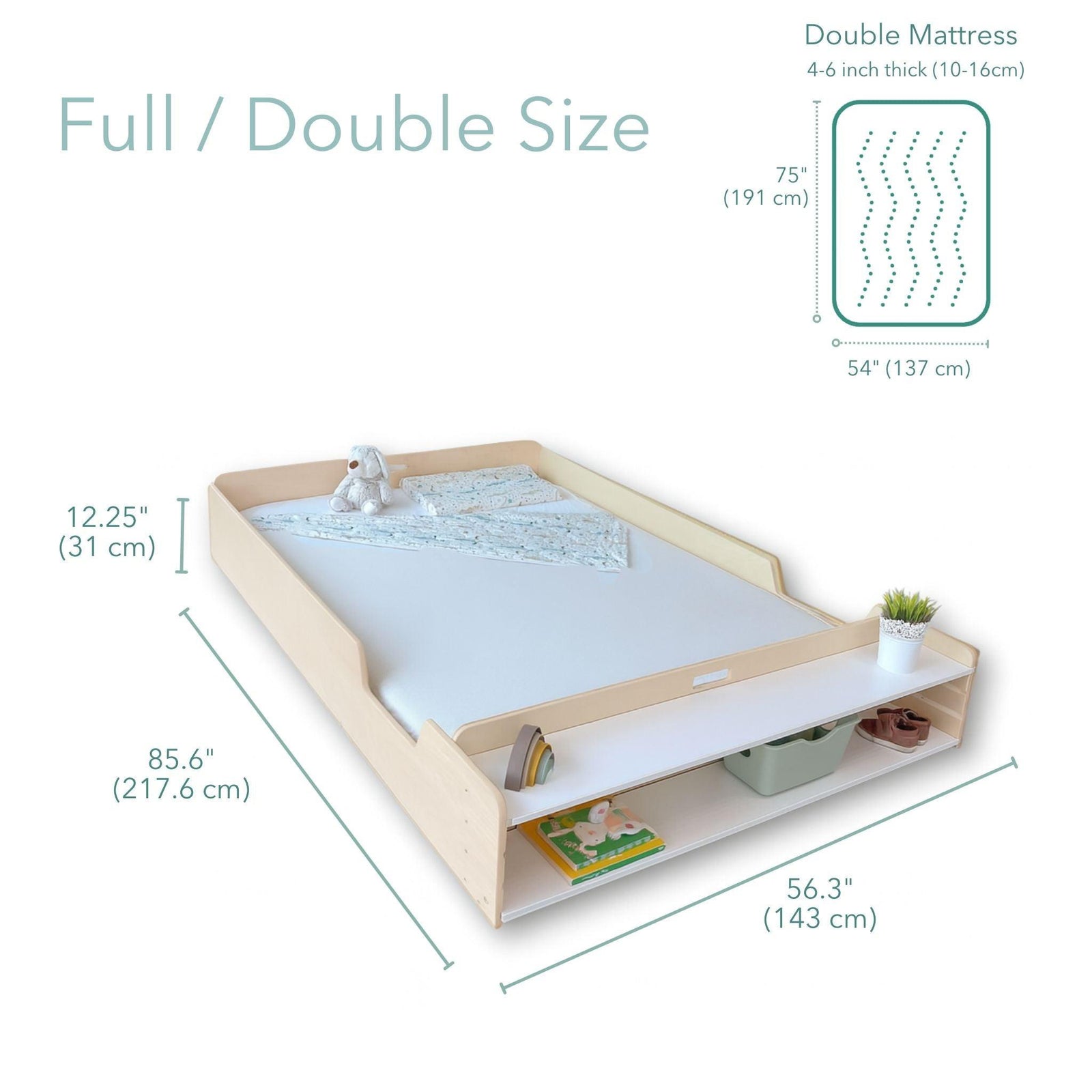 APPLE FULL - Montessori Floor Bed with Shelves.