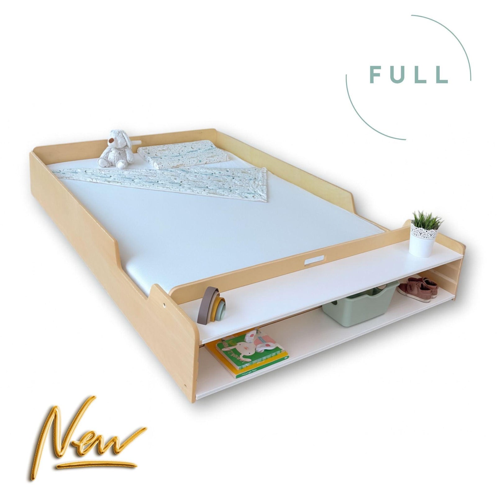 APPLE FULL - Montessori Floor Bed with Shelves.