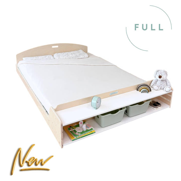 CHERRY FULL - Montessori Floor Bed with Shelves.