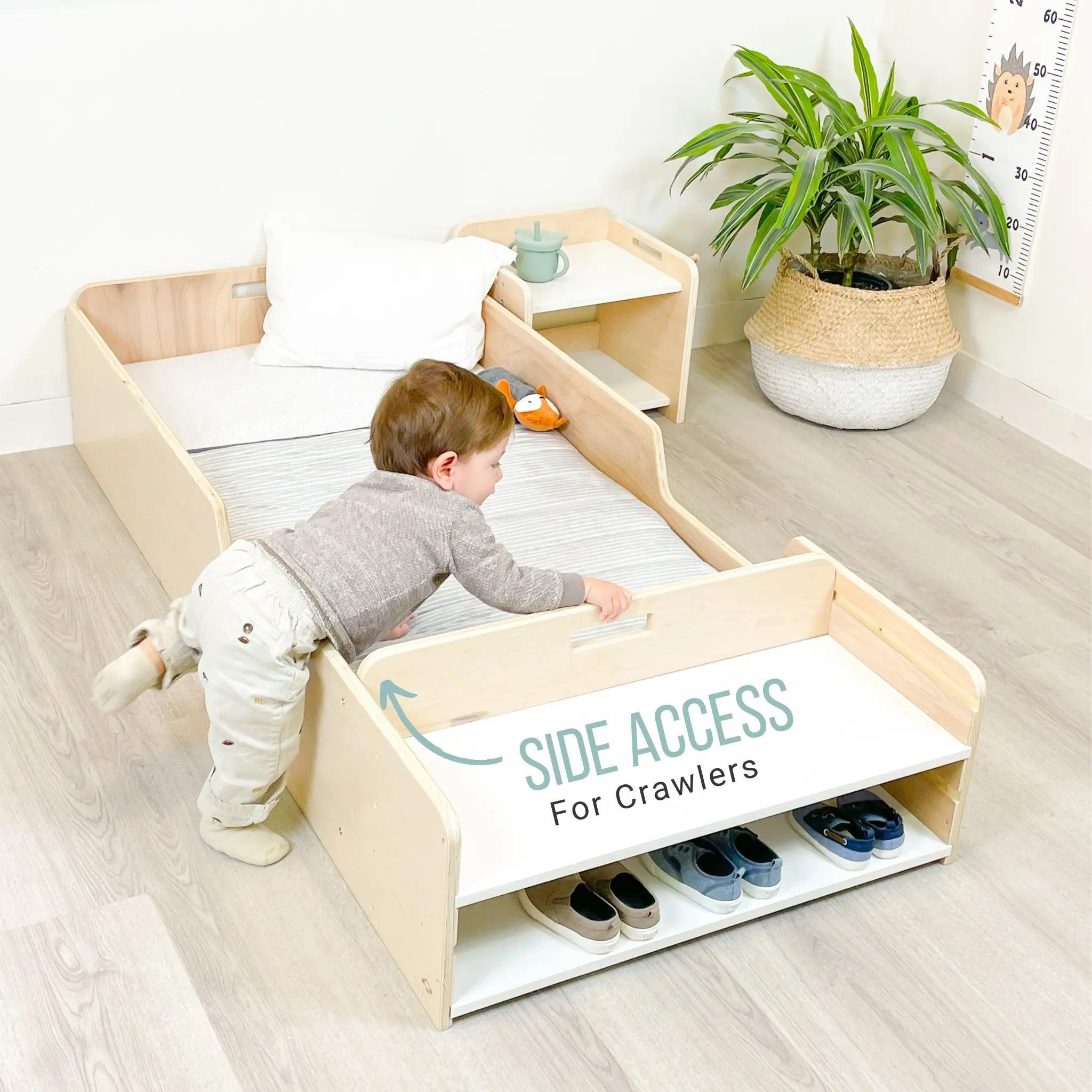 APPLE JUNIOR - Montessori Floor Bed with Rails & Shelves.