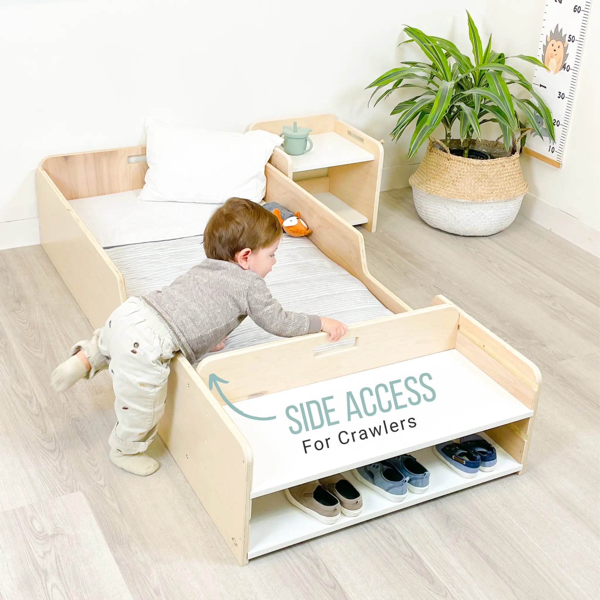 APPLE CRIB - Montessori Floor Bed with Rails & Shelves